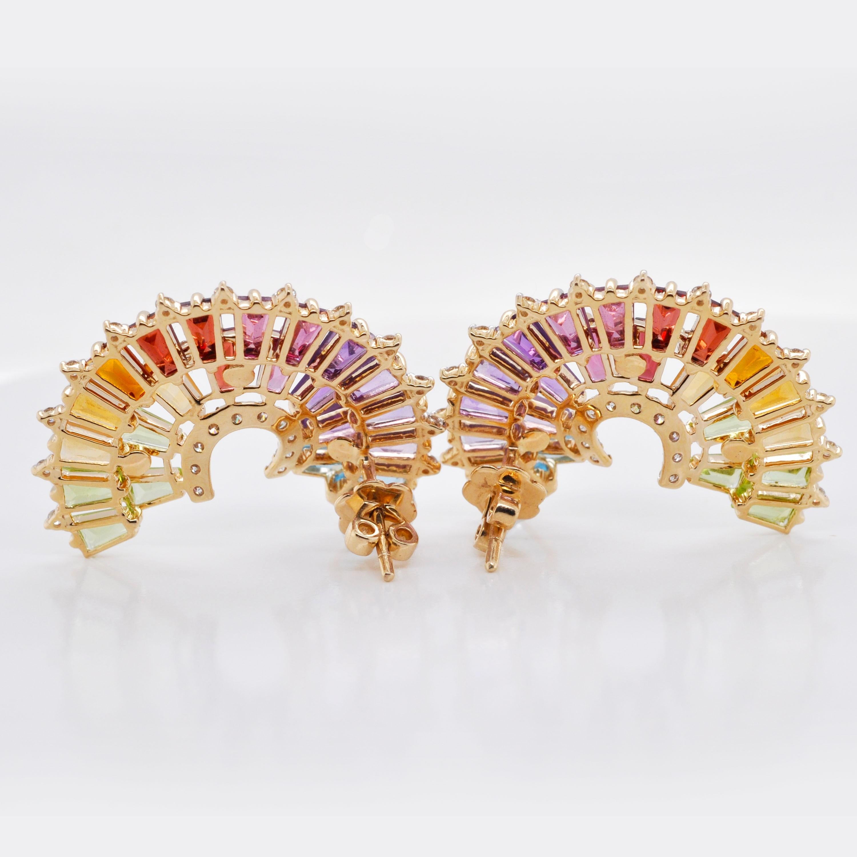 14K Gold Hand-Crafted Tapered Baguette Rainbow Gemstones Diamonds Stud Earrings in vendita 6