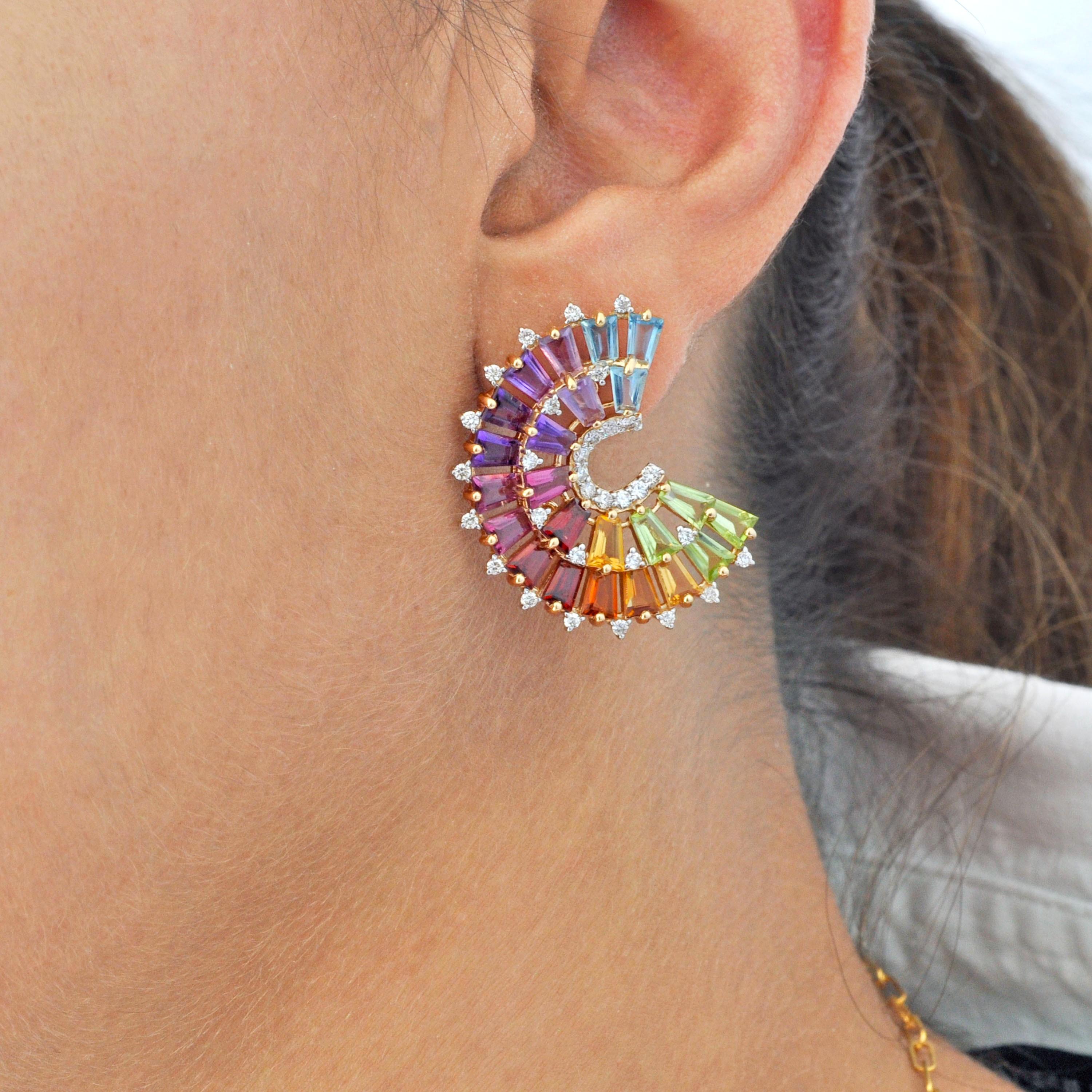 14K Gold Hand-Crafted Tapered Baguette Rainbow Gemstones Diamonds Stud Earrings in vendita 7