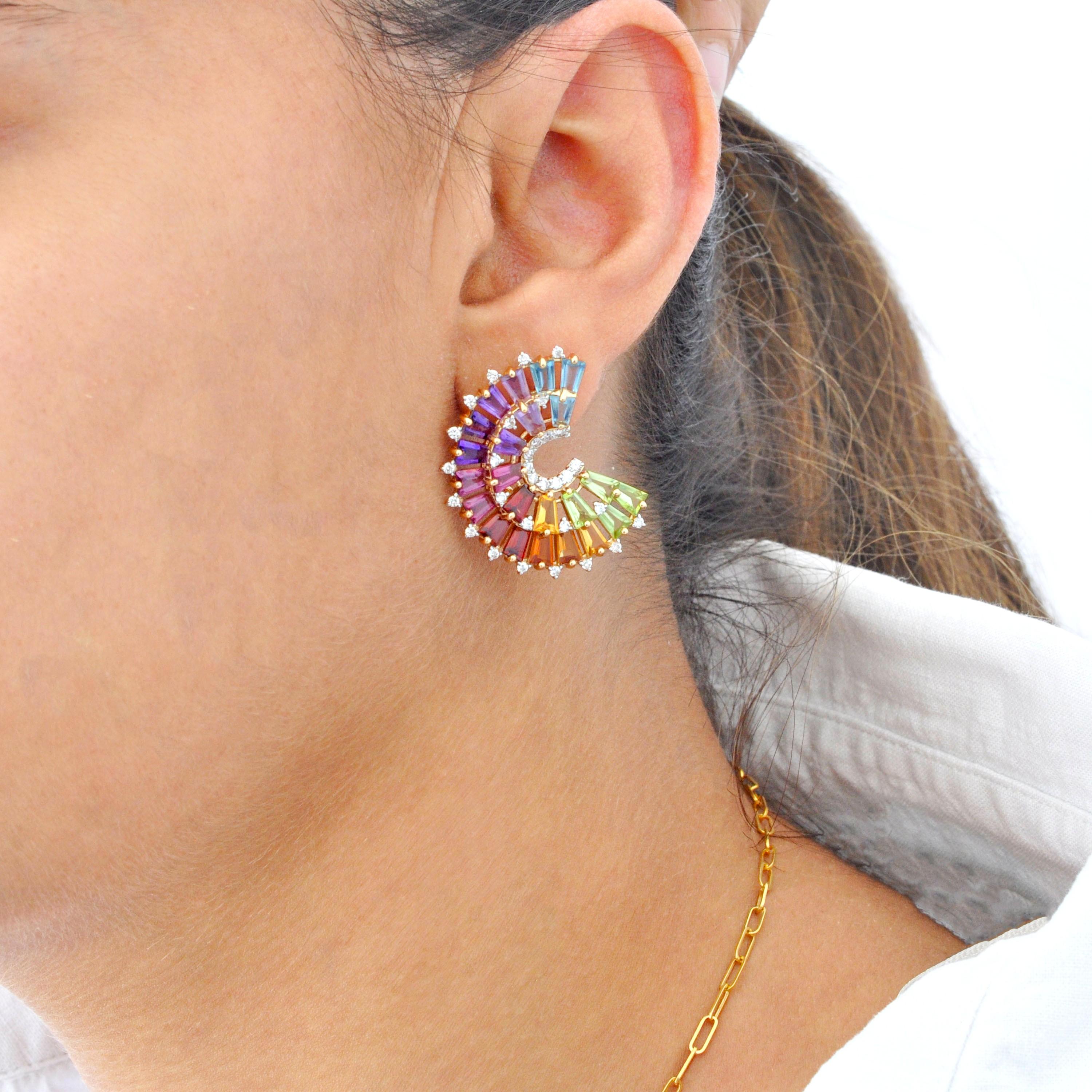 14K Gold Hand-Crafted Tapered Baguette Rainbow Gemstones Diamonds Stud Earrings in vendita 8