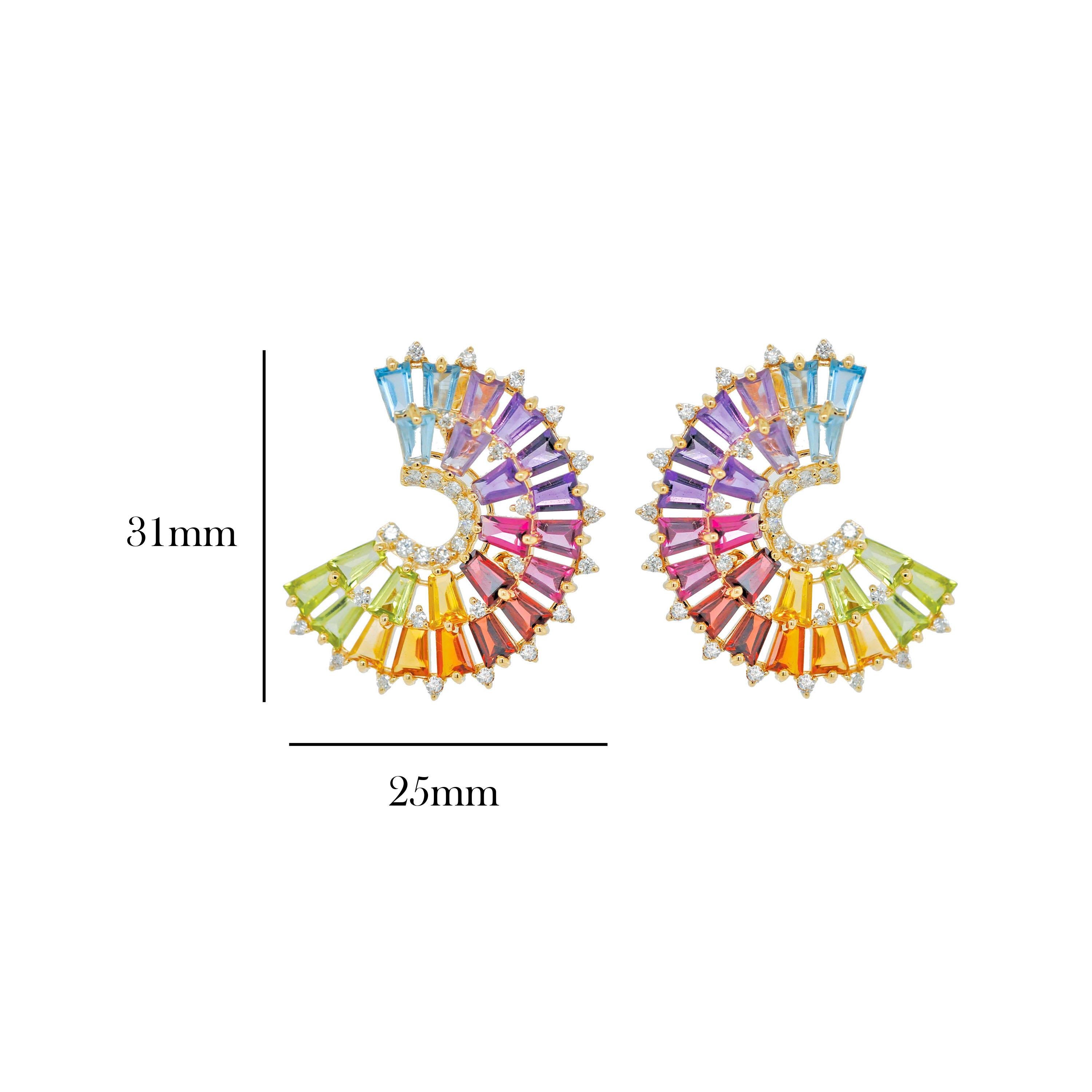Baguette rastremato 14K Gold Hand-Crafted Tapered Baguette Rainbow Gemstones Diamonds Stud Earrings in vendita