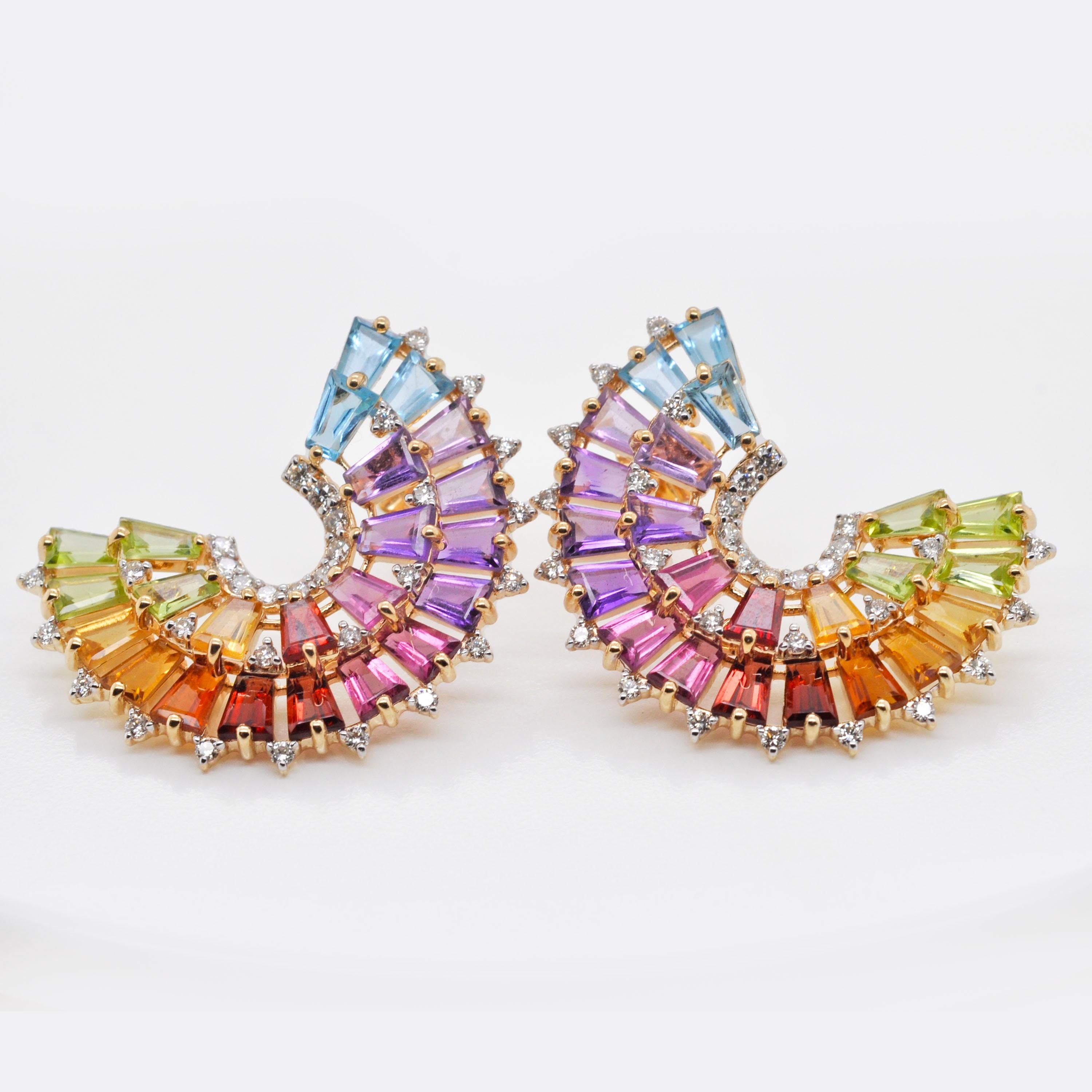 14K Gold Hand-Crafted Tapered Baguette Rainbow Gemstones Diamonds Stud Earrings In condizioni Nuovo in vendita a Jaipur, Rajasthan