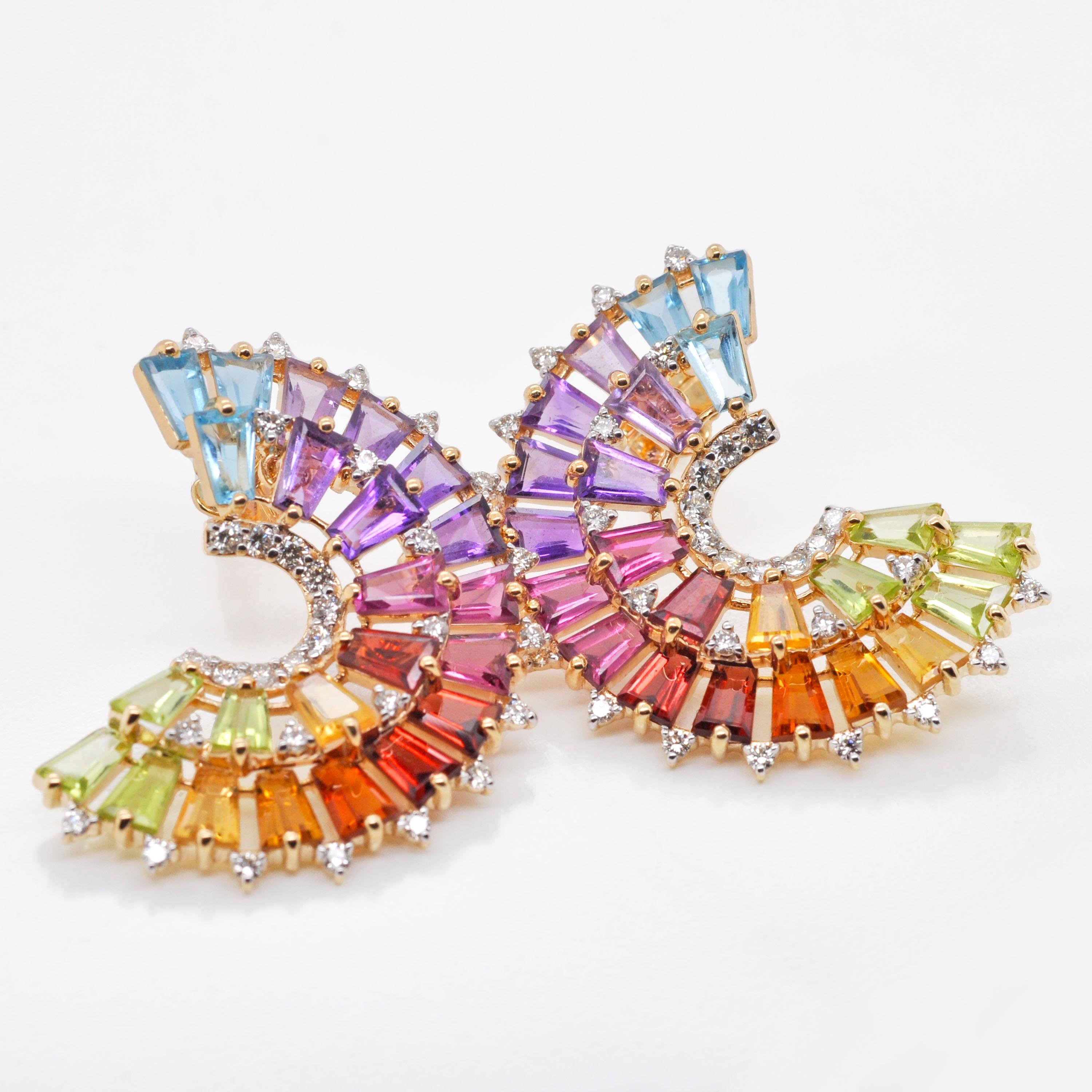 Donna 14K Gold Hand-Crafted Tapered Baguette Rainbow Gemstones Diamonds Stud Earrings in vendita