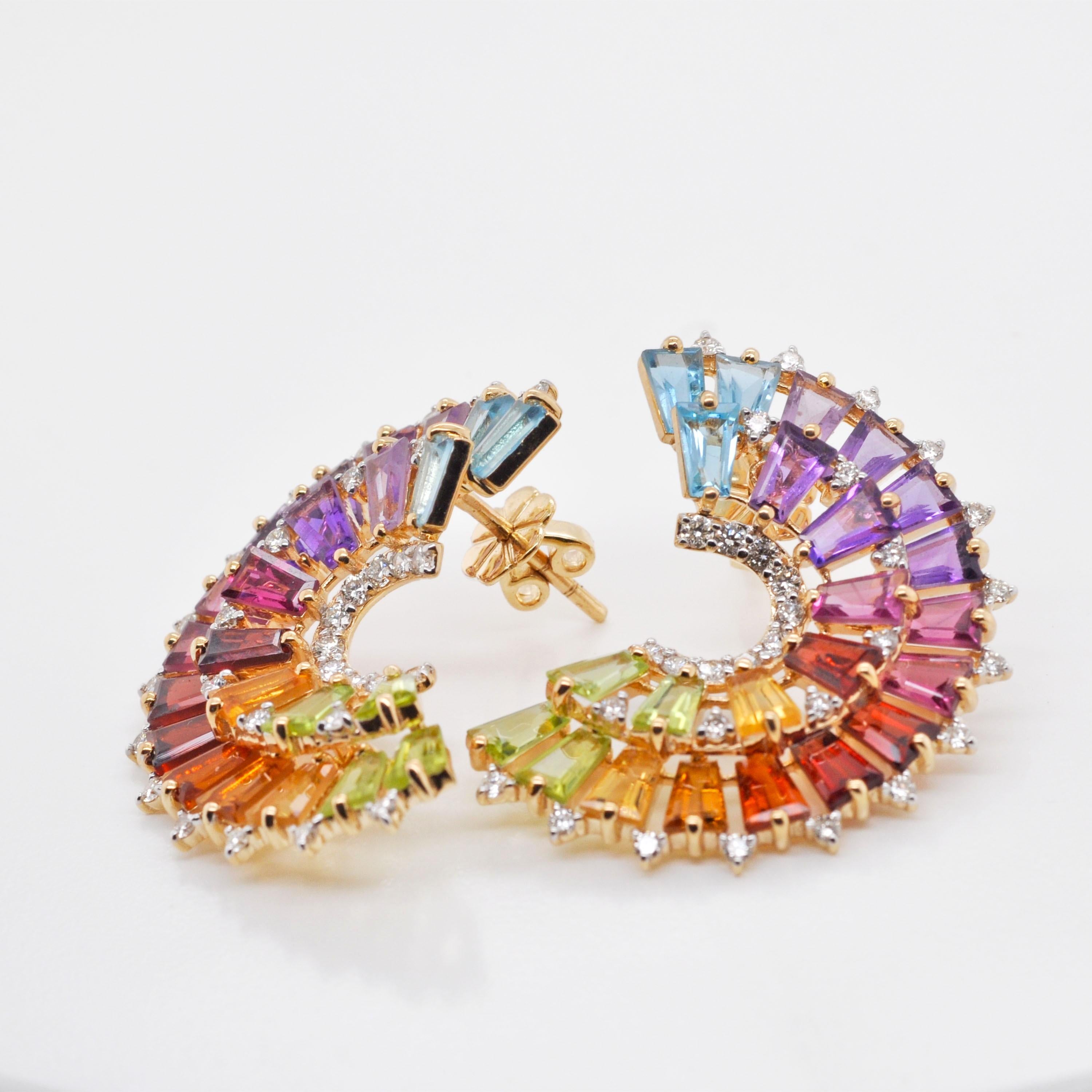 14K Gold Hand-Crafted Tapered Baguette Rainbow Gemstones Diamonds Stud Earrings in vendita 1