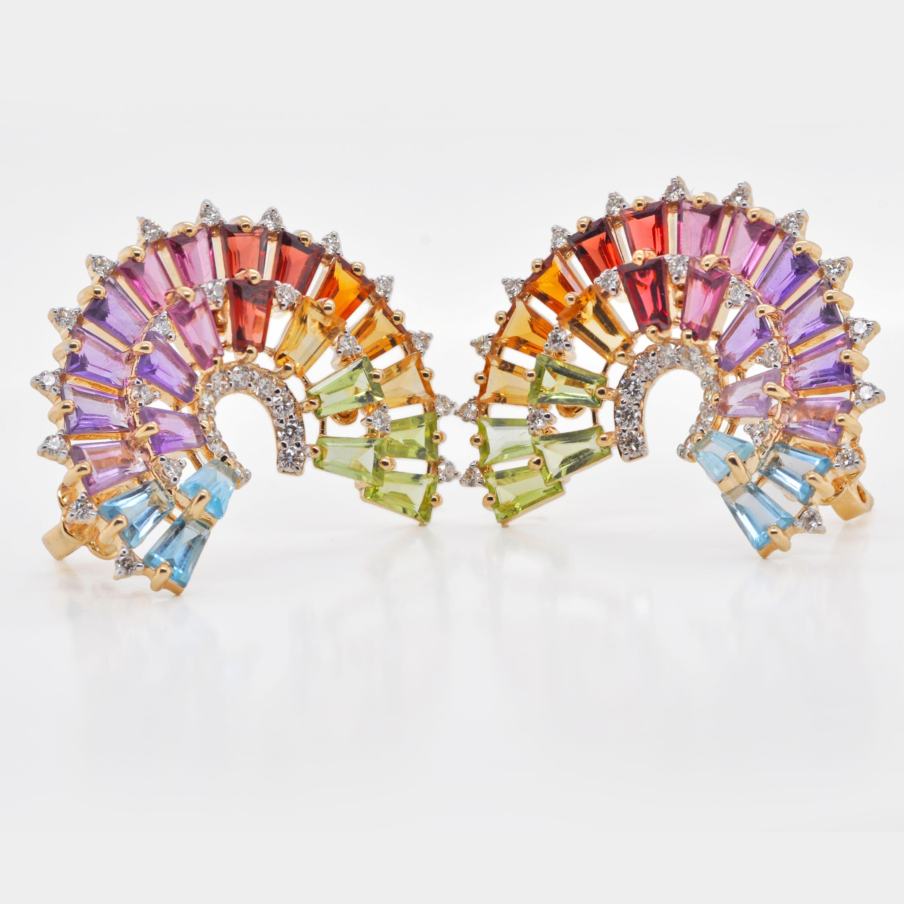 14K Gold Hand-Crafted Tapered Baguette Rainbow Gemstones Diamonds Stud Earrings in vendita 2