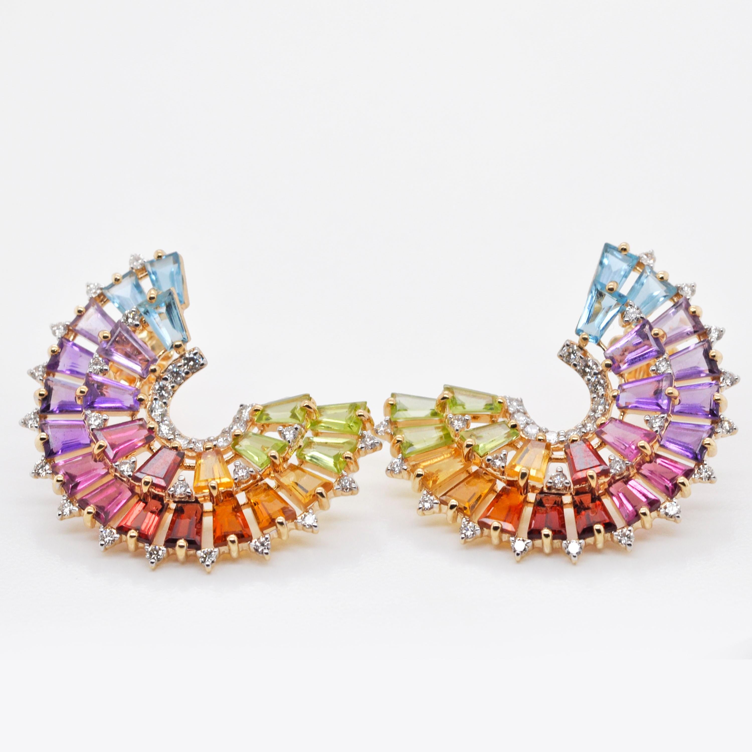 14K Gold Hand-Crafted Tapered Baguette Rainbow Gemstones Diamonds Stud Earrings in vendita 3
