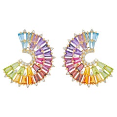 Clous d'oreilles artisanaux en or 14 carats avec pierres précieuses arc-en-ciel baguettes et diamants