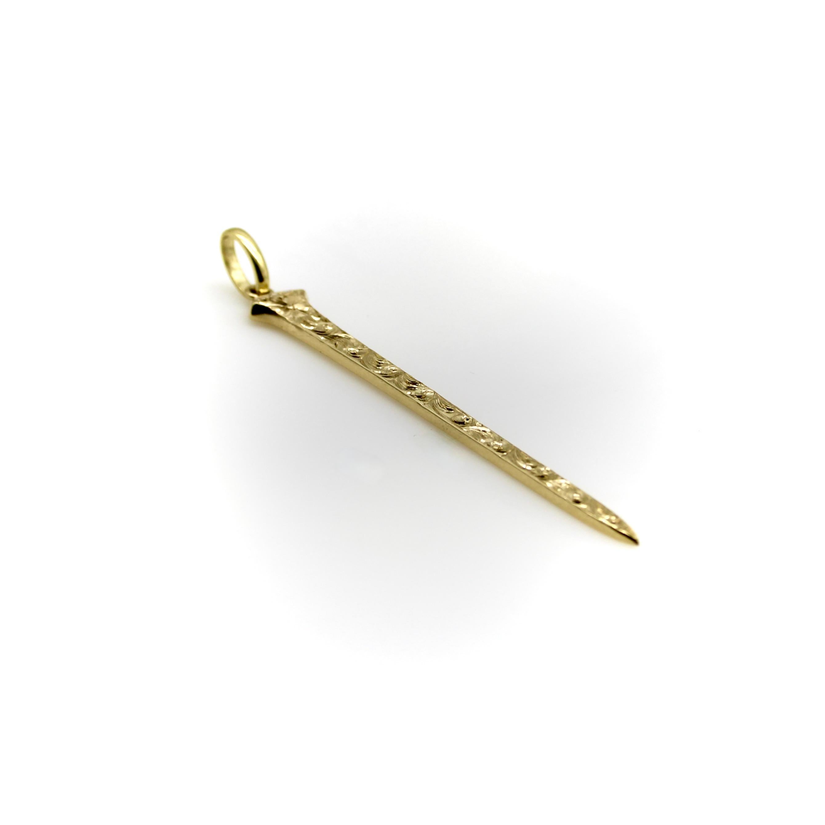 Contemporary 14K Gold Hand Engraved Lucky Nail Pendant with Diamonds  For Sale