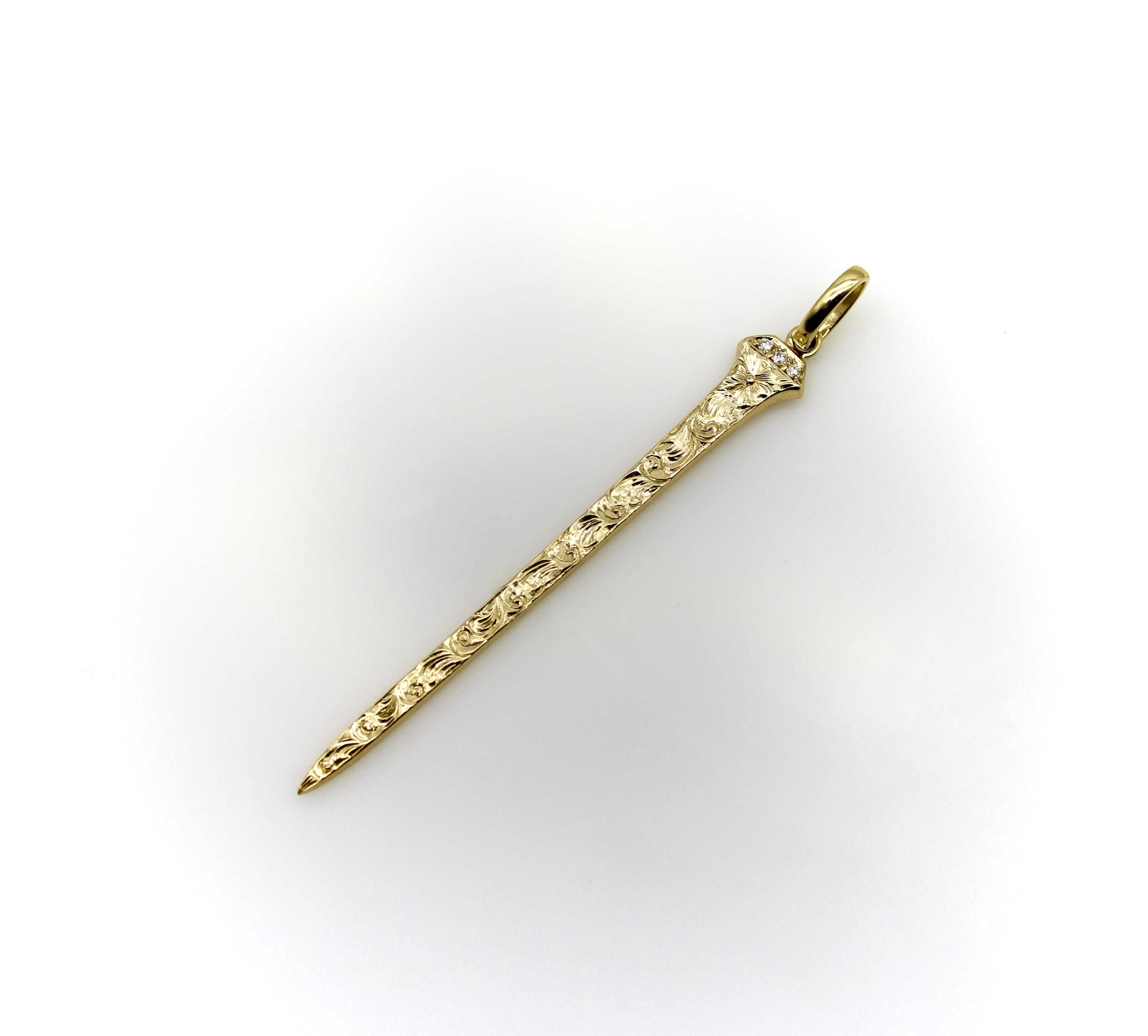 Single Cut 14K Gold Hand Engraved Lucky Nail Pendant with Diamonds  For Sale
