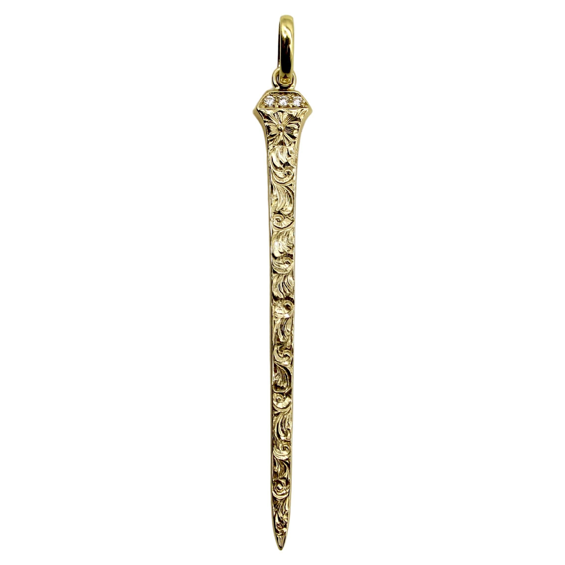 14K Gold Hand Engraved Lucky Nail Pendant with Diamonds  For Sale
