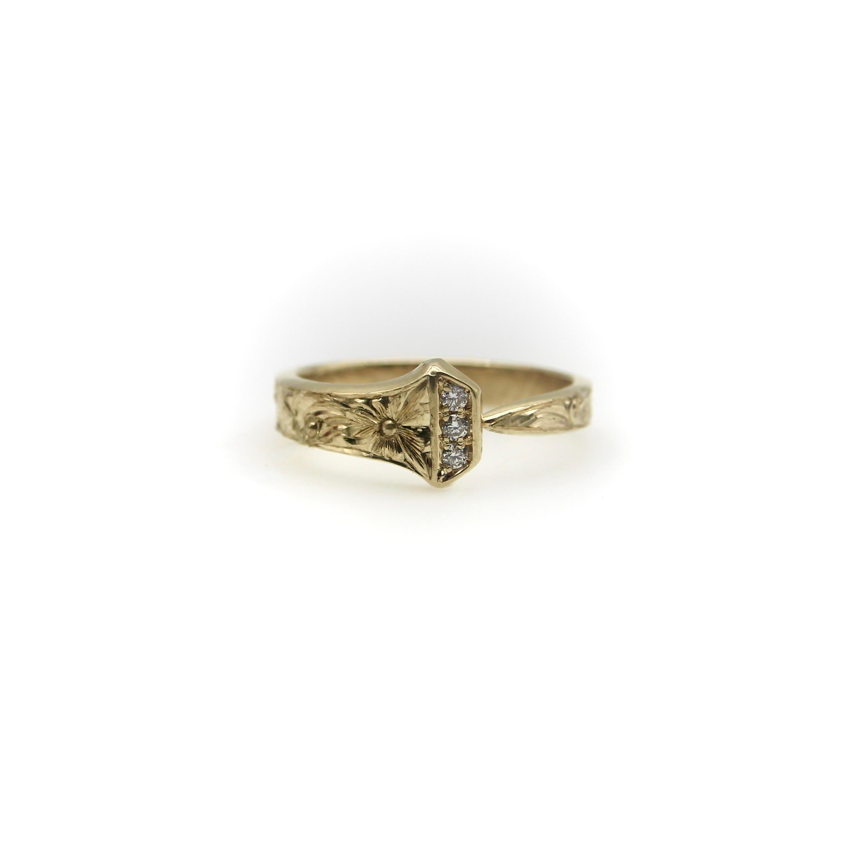 Contemporary 14K Gold Hand Engraved Lucky Nail Ring with Diamonds 