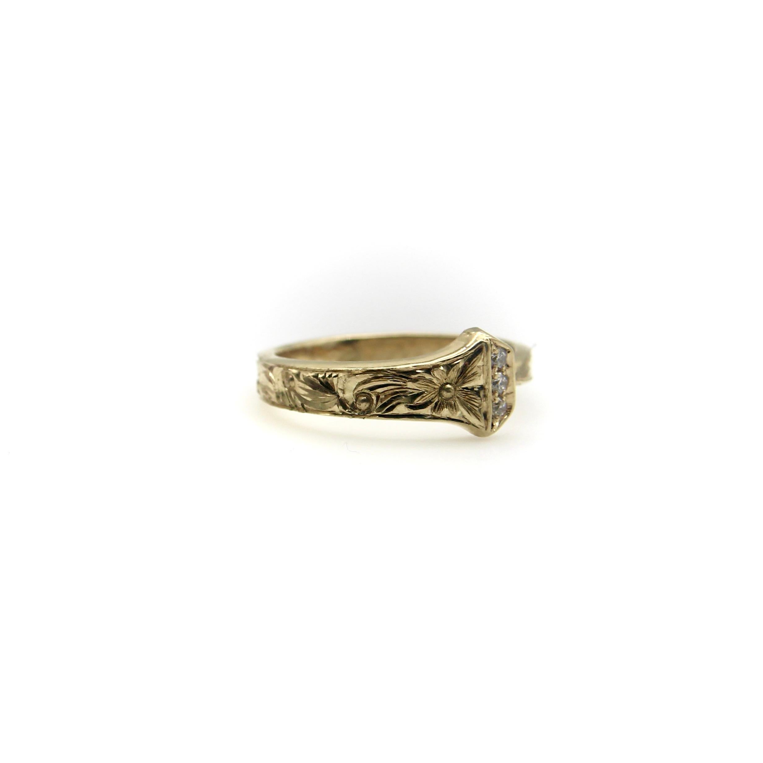 Single Cut 14K Gold Hand Engraved Lucky Nail Ring with Diamonds  For Sale
