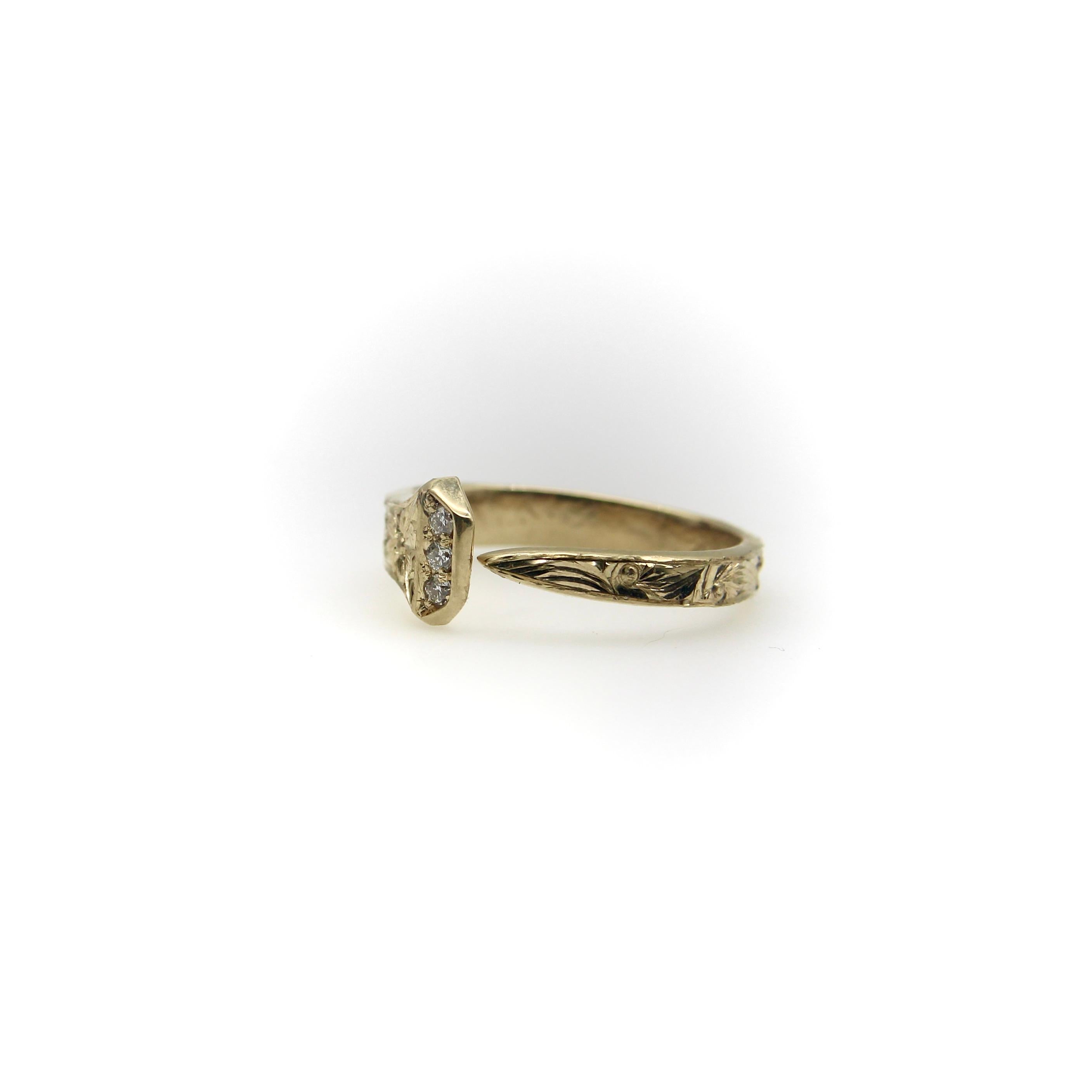 Women's or Men's 14K Gold Hand Engraved Lucky Nail Ring with Diamonds 