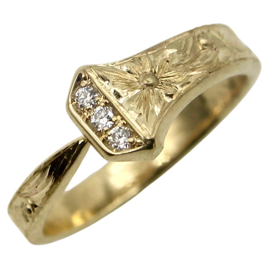 14K Gold Hand Engraved Lucky Nail Ring with Diamonds  For Sale