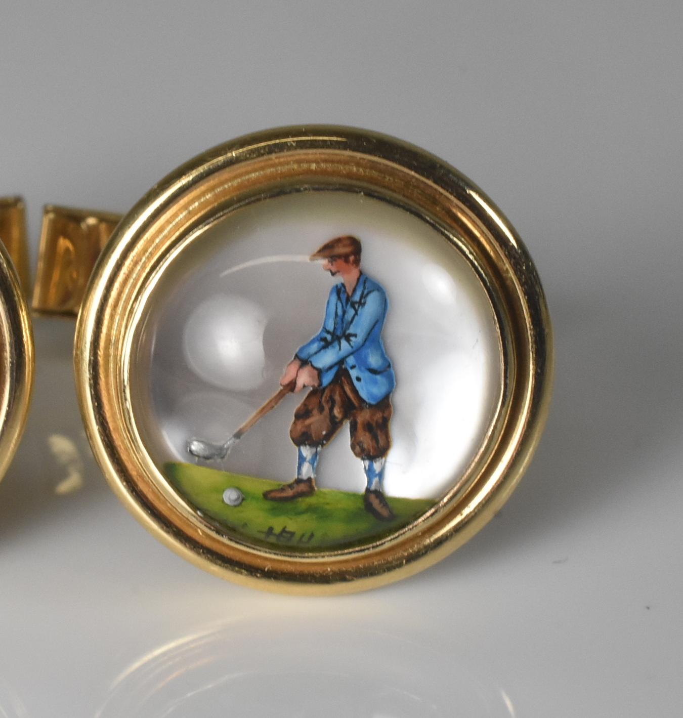 14K Gold Hand Painted Crystal Rock Golf Cufflinks Deakin & Francis Scully Scully In Good Condition For Sale In Toledo, OH