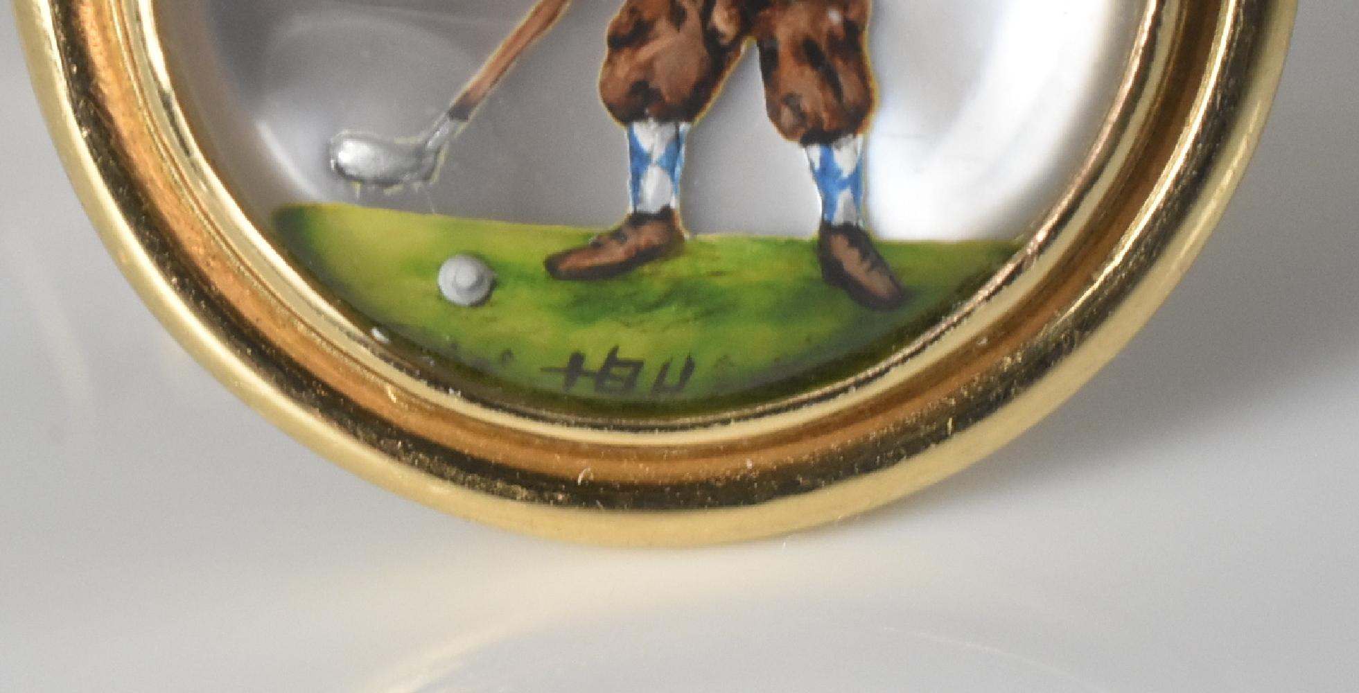 Late 20th Century 14K Gold Hand Painted Crystal Rock Golf Cufflinks Deakin & Francis Scully Scully For Sale