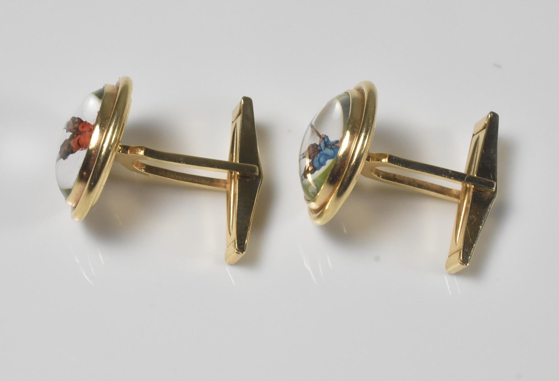 14K Gold Hand Painted Crystal Rock Golf Cufflinks Deakin & Francis Scully Scully For Sale 1
