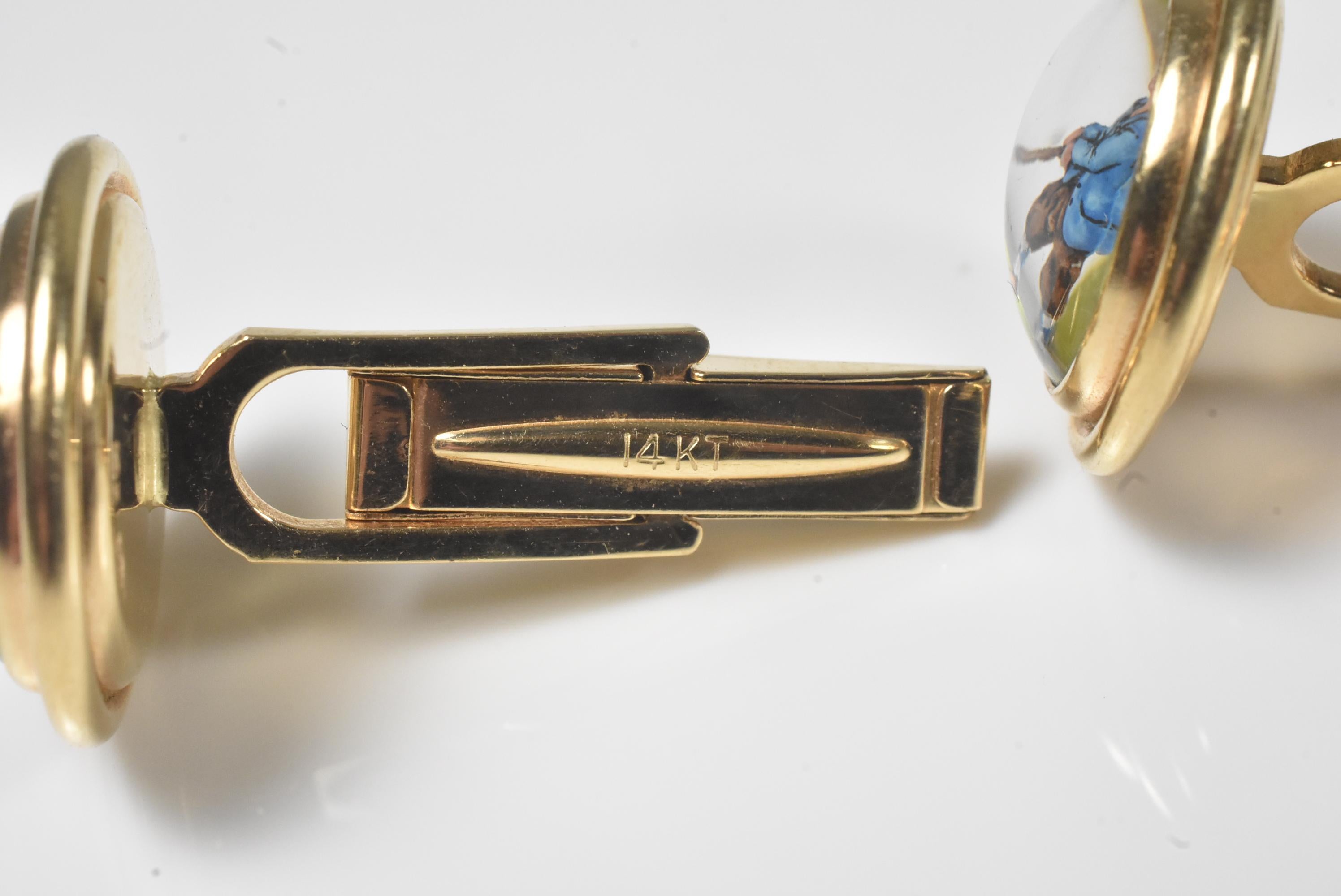 14K Gold Hand Painted Crystal Rock Golf Cufflinks Deakin & Francis Scully Scully For Sale 2