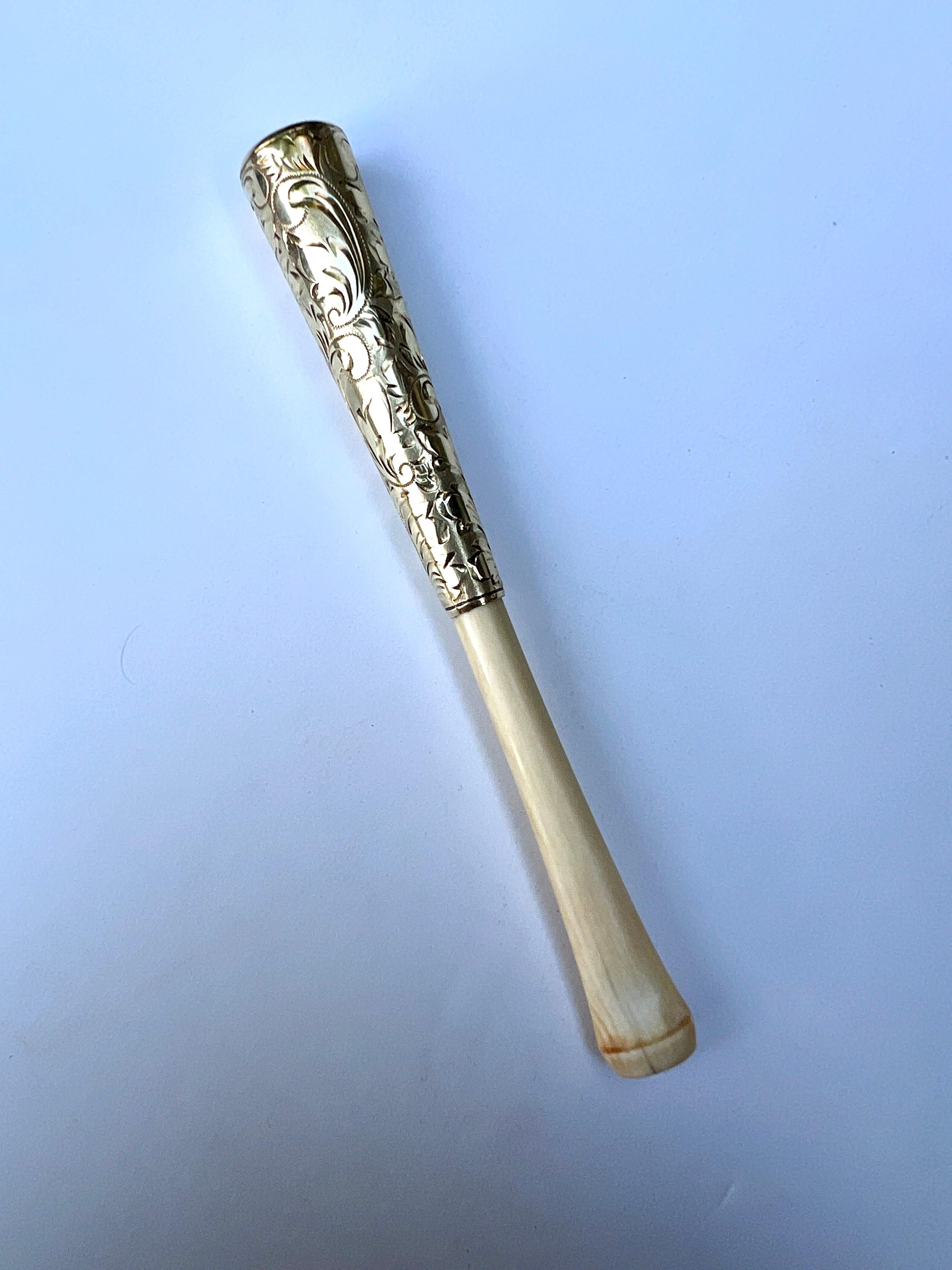 20th Century 14K Gold Hand Tooled with Bone Cigarette Holder  For Sale