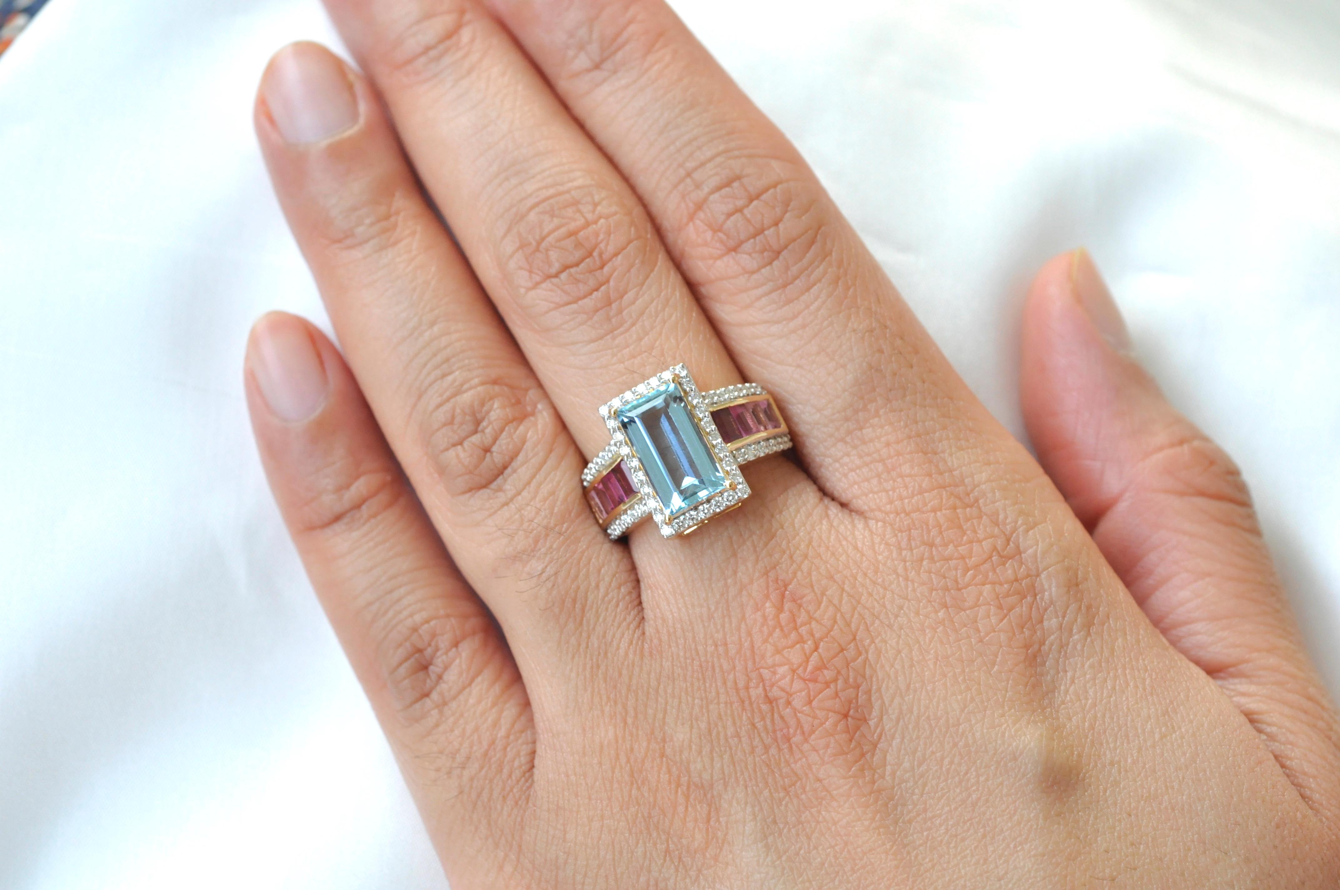 14K Gold Handcrafted Aquamarine Pink Tourmaline Baguette Engagement Diamond Ring For Sale 4