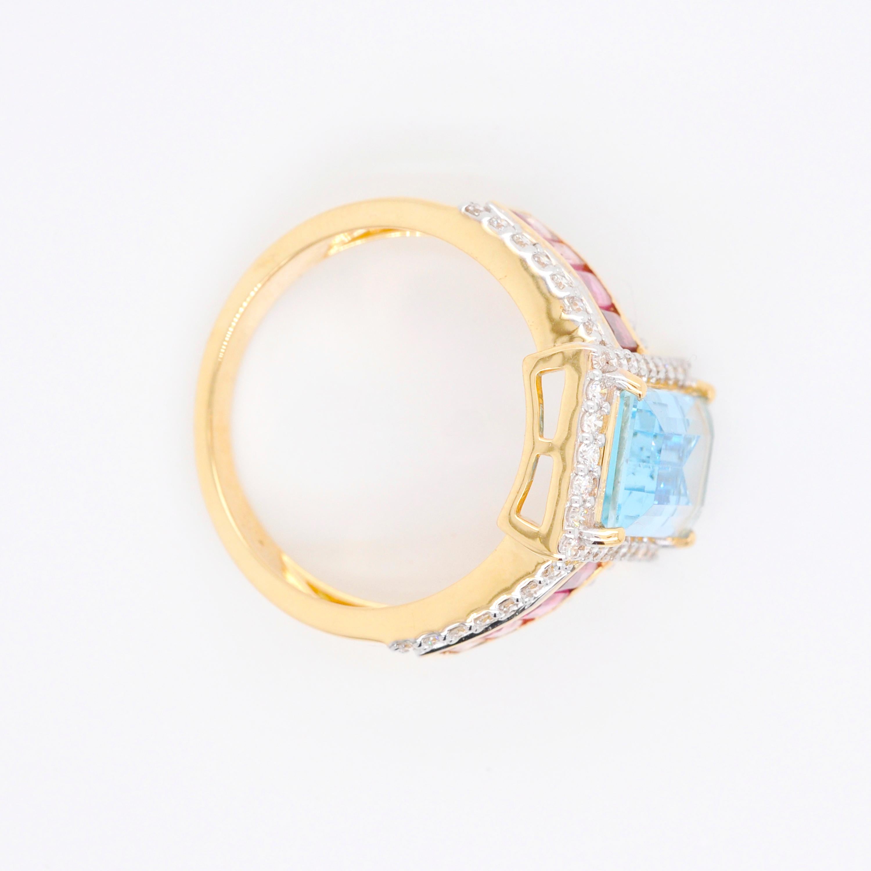 14K Gold Handcrafted Aquamarine Pink Tourmaline Baguette Engagement Diamond Ring For Sale 6