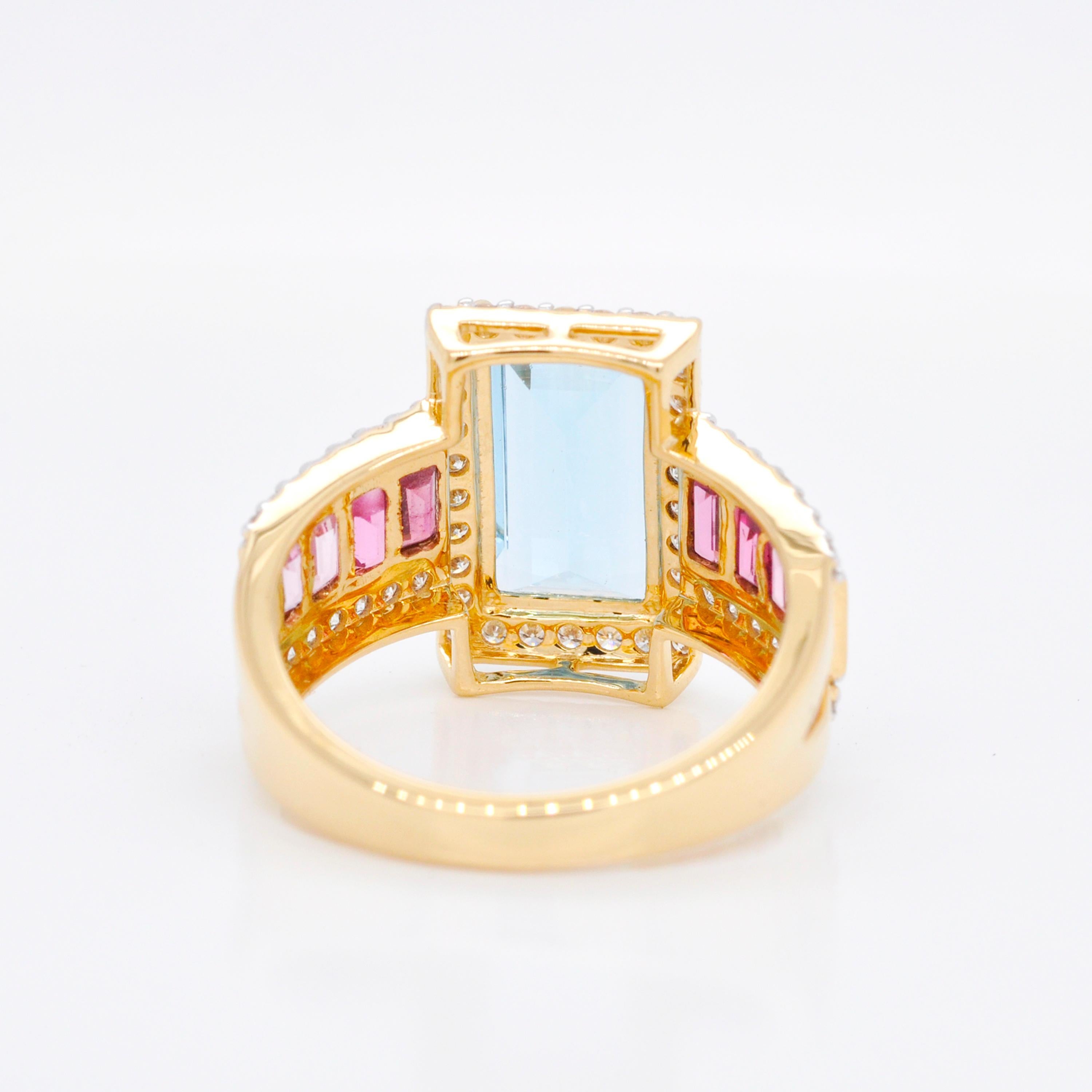 14K Gold Handcrafted Aquamarine Pink Tourmaline Baguette Engagement Diamond Ring For Sale 8