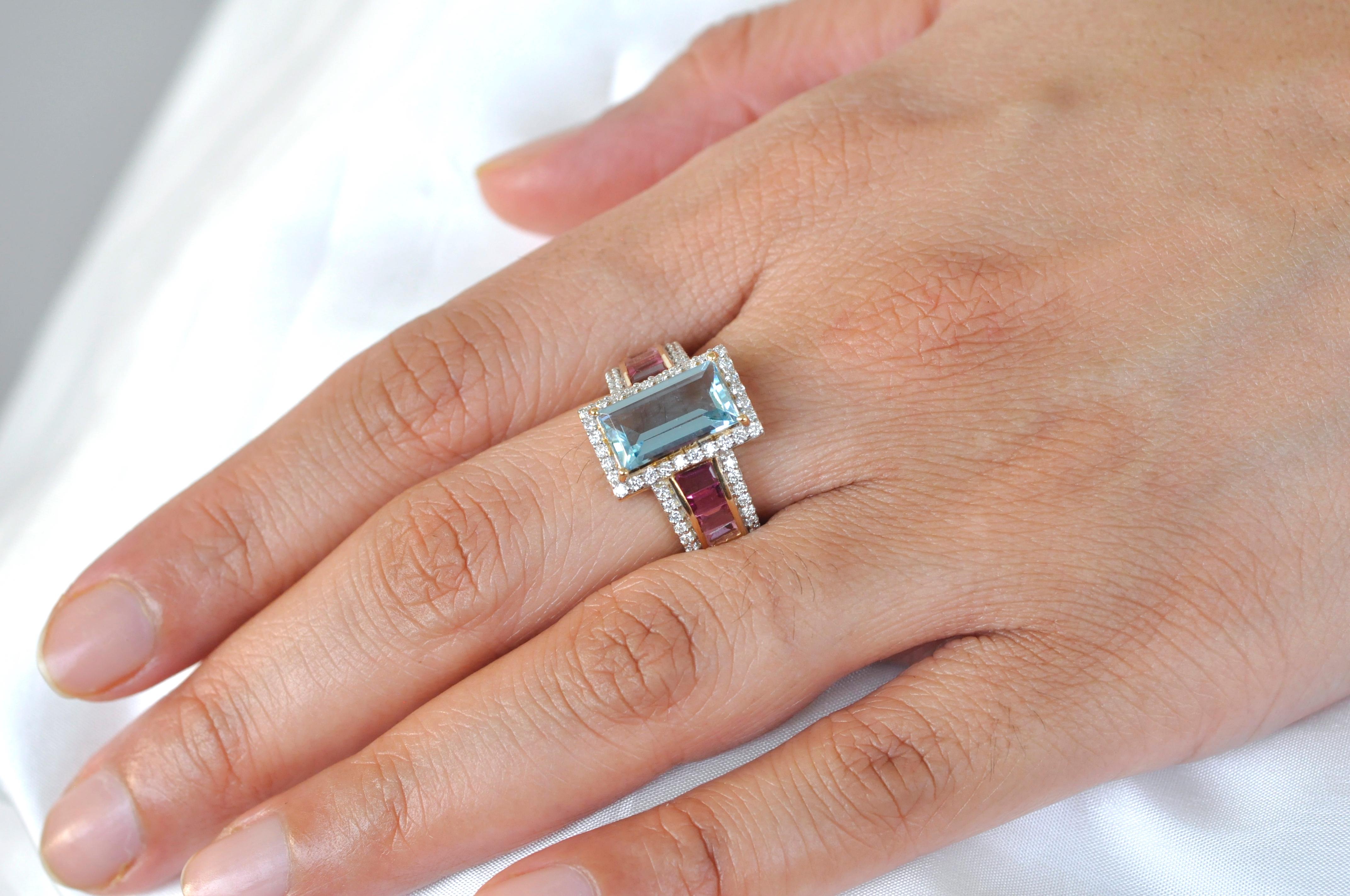 Art Deco 14K Gold Handcrafted Aquamarine Pink Tourmaline Baguette Engagement Diamond Ring For Sale