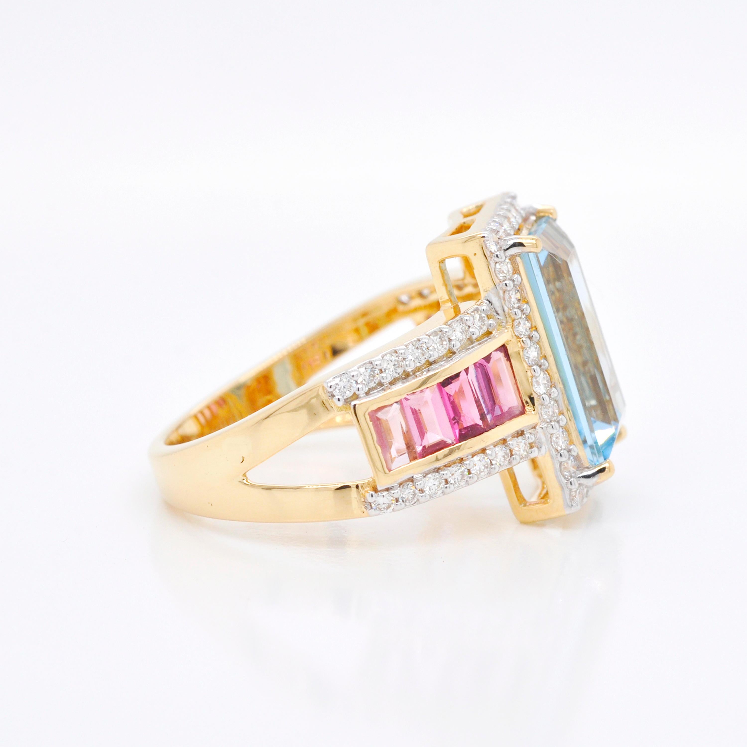 Baguette Cut 14K Gold Handcrafted Aquamarine Pink Tourmaline Baguette Engagement Diamond Ring For Sale