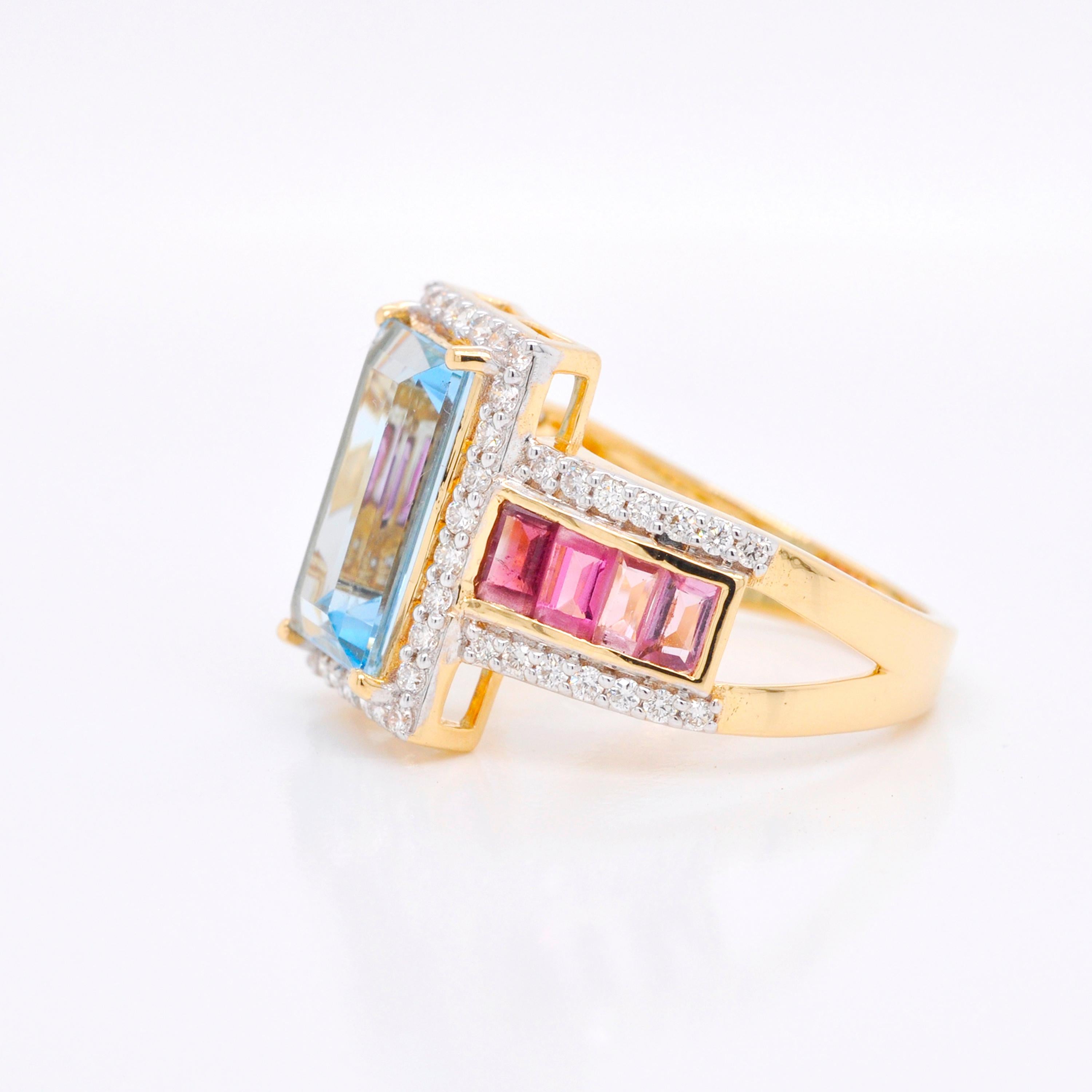 14K Gold Handcrafted Aquamarine Pink Tourmaline Baguette Engagement Diamond Ring In New Condition For Sale In Jaipur, Rajasthan