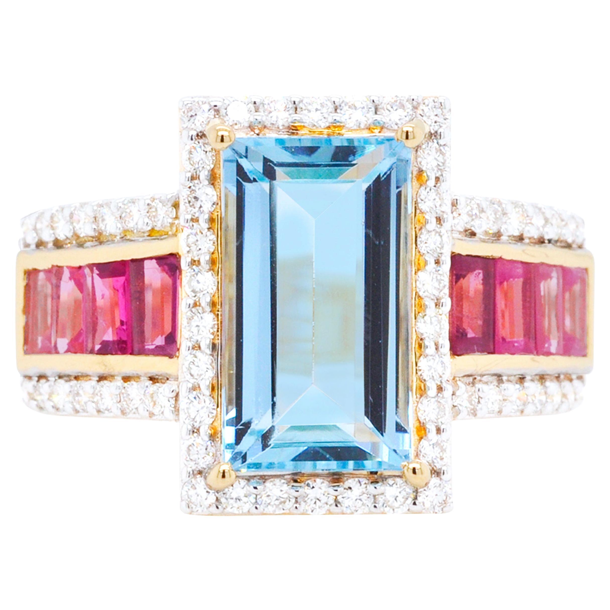 14K Gold Handcrafted Aquamarine Pink Tourmaline Baguette Engagement Diamond Ring For Sale