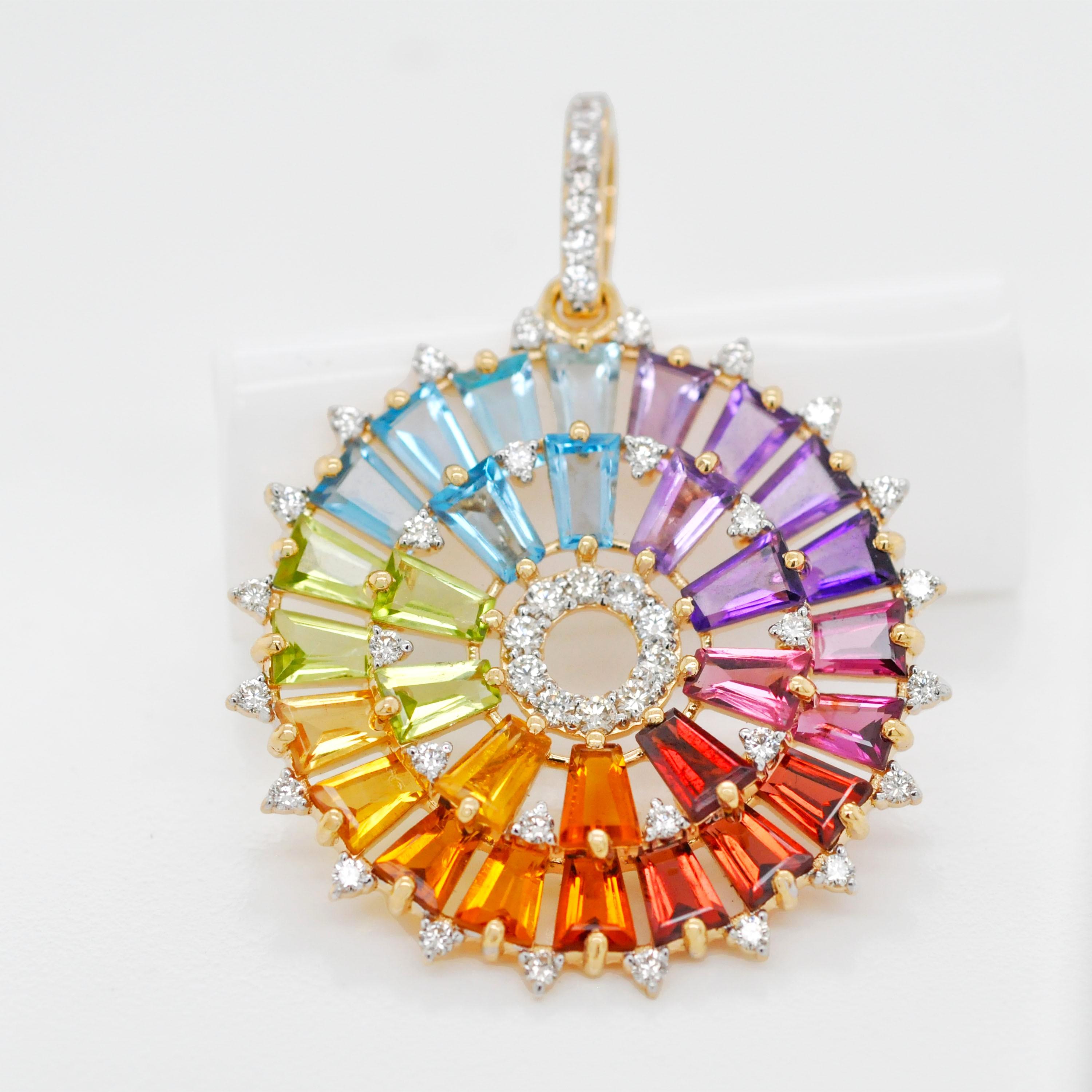14K Gold Handcrafted Tapered Baguette Rainbow Gemstones Diamond Pendant Necklace in vendita 4