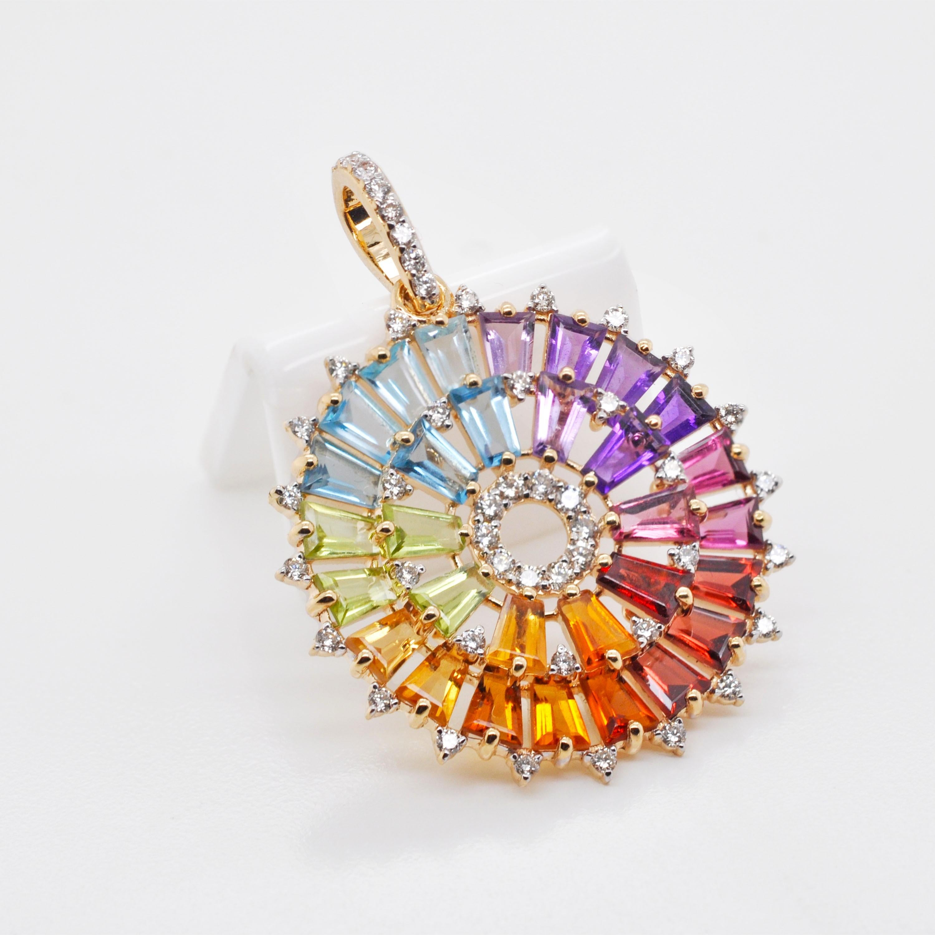 14K Gold Handcrafted Tapered Baguette Rainbow Gemstones Diamond Pendant Necklace in vendita 5
