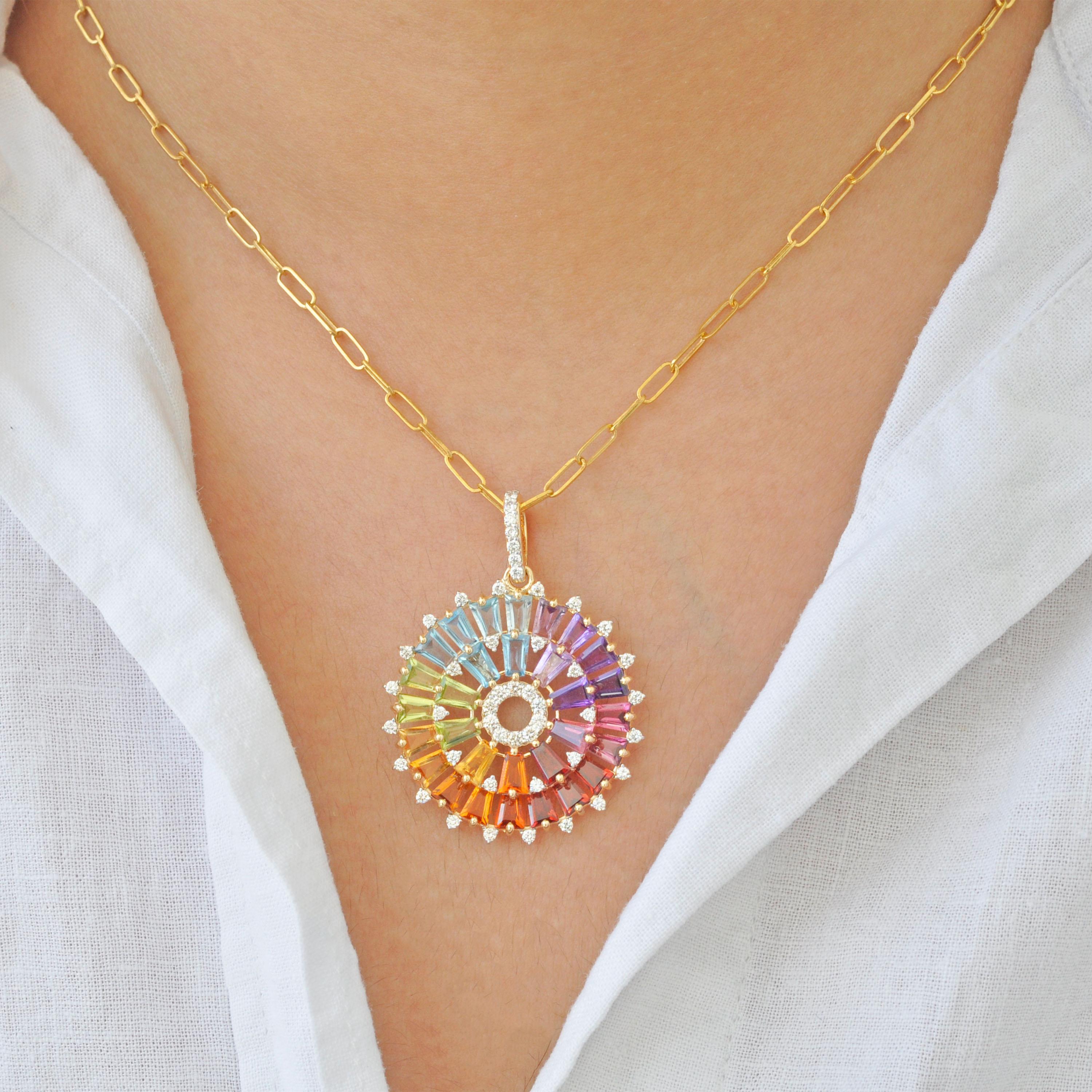 14K Gold Handcrafted Tapered Baguette Rainbow Gemstones Diamond Pendant Necklace in vendita 6