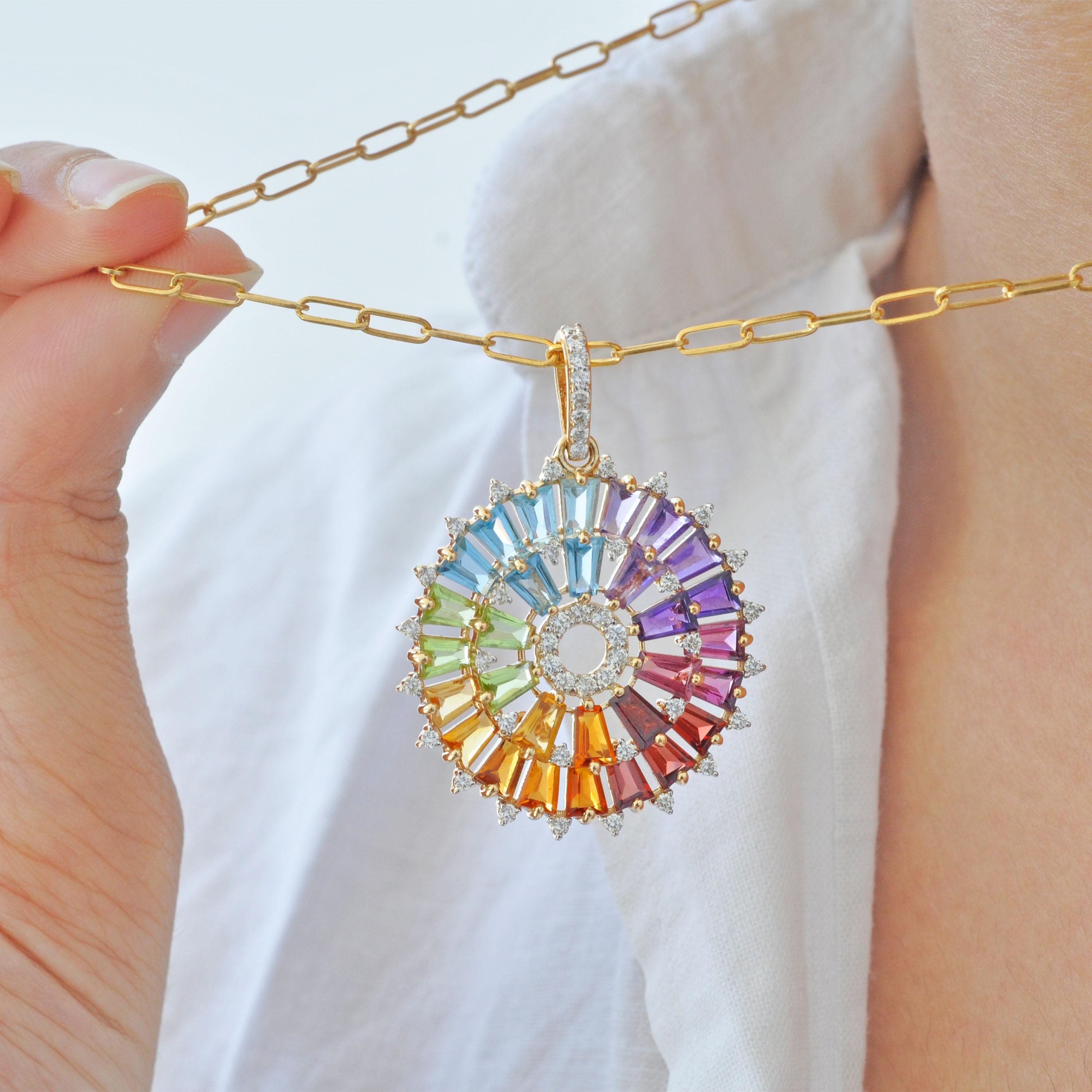 14K Gold Handcrafted Tapered Baguette Rainbow Gemstones Diamond Pendant Necklace in vendita 7