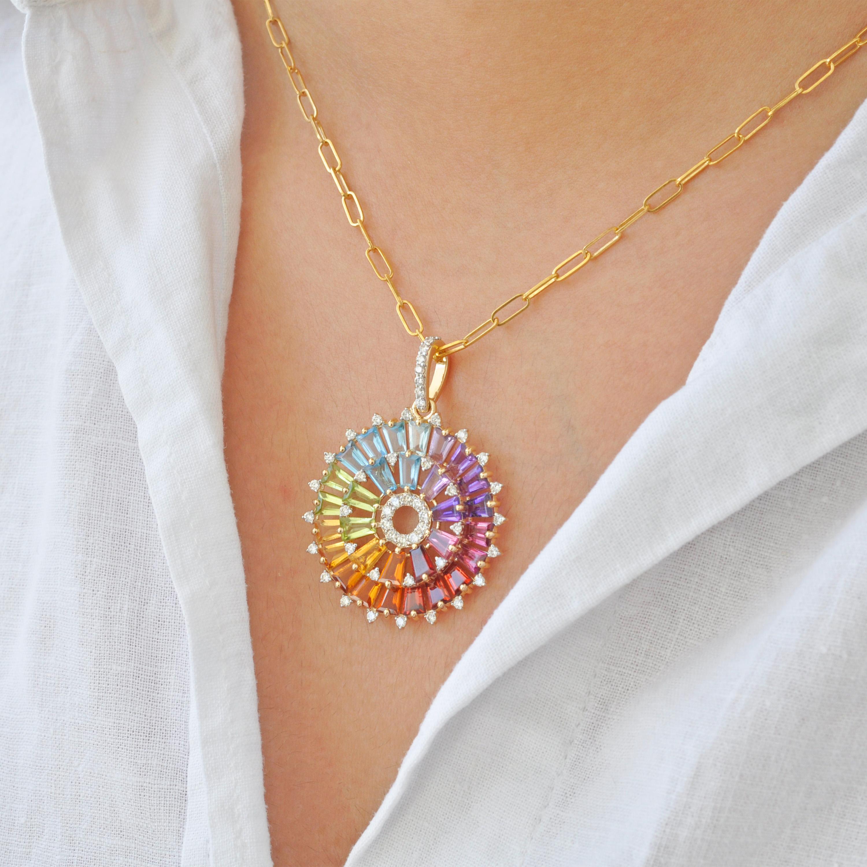 14K Gold Handcrafted Tapered Baguette Rainbow Gemstones Diamond Pendant Necklace in vendita 8