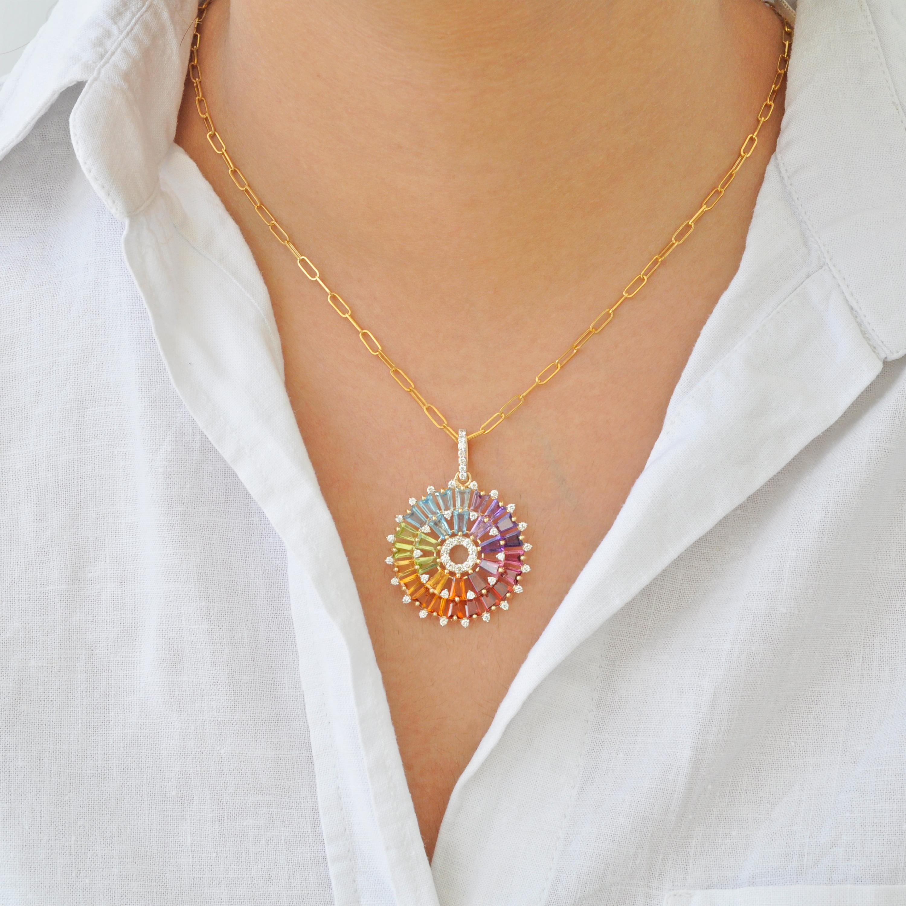 14K Gold Handcrafted Tapered Baguette Rainbow Gemstones Diamond Pendant Necklace in vendita 9