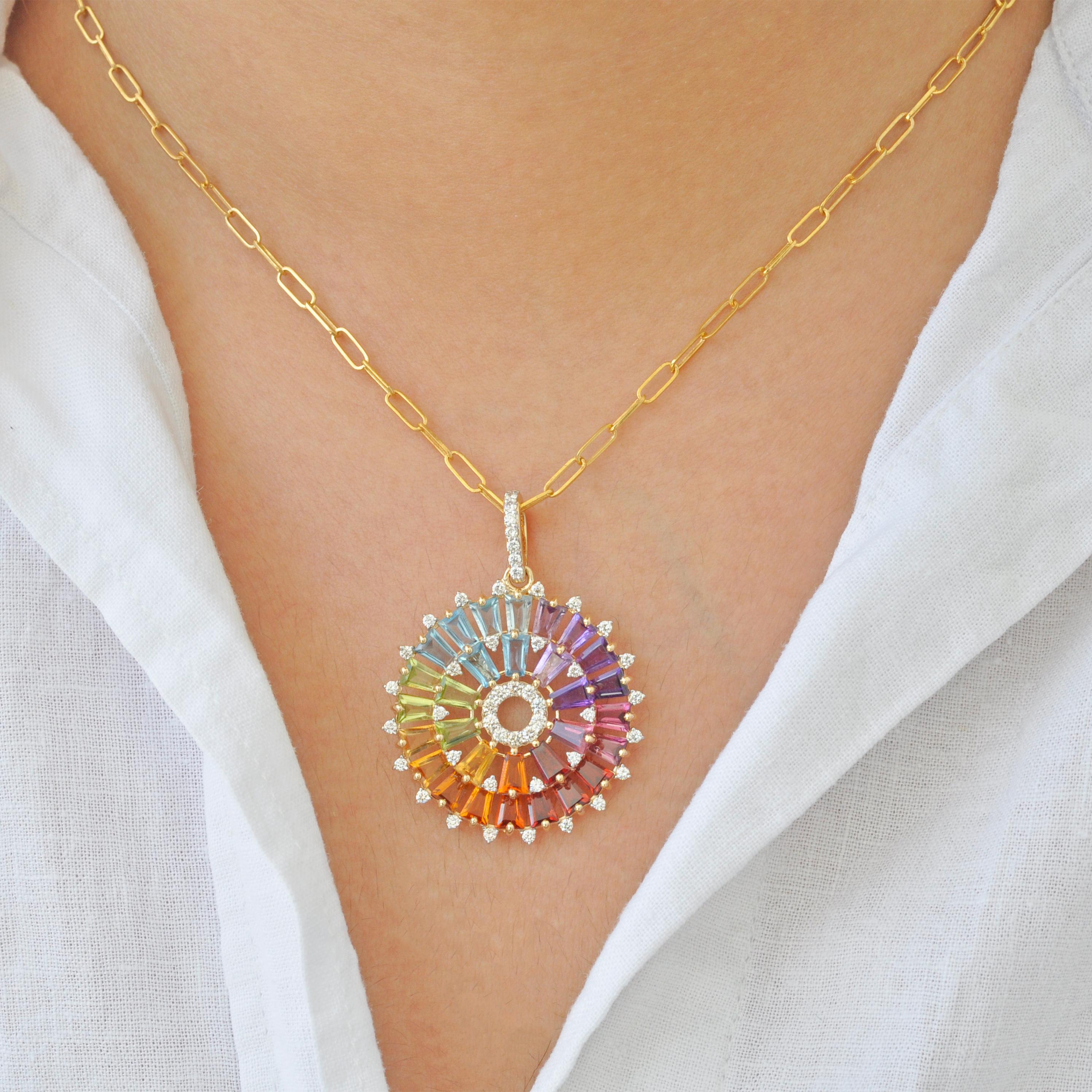 14K Gold Handcrafted Tapered Baguette Rainbow Gemstones Diamond Pendant Necklace in vendita 10
