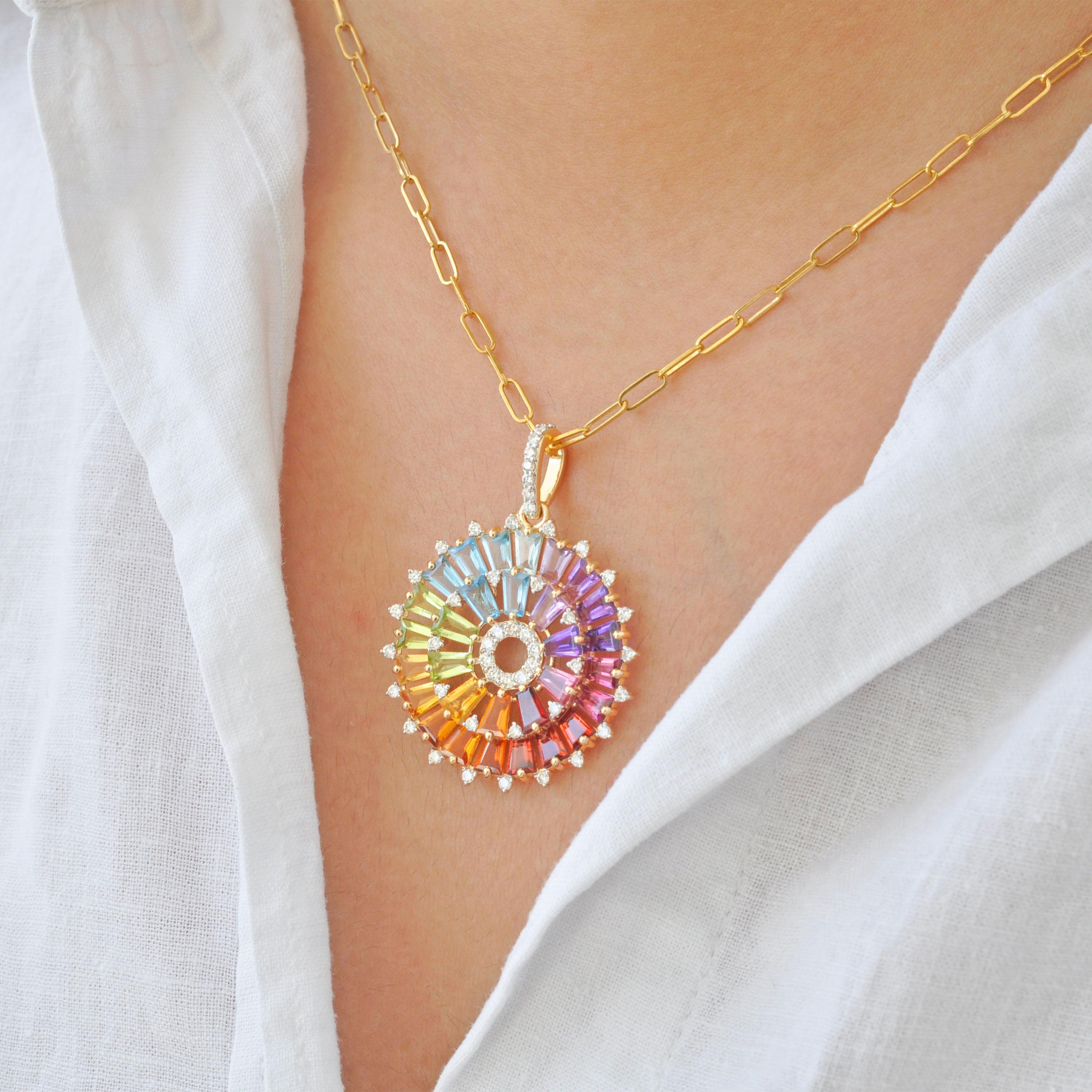 Contemporaneo 14K Gold Handcrafted Tapered Baguette Rainbow Gemstones Diamond Pendant Necklace in vendita