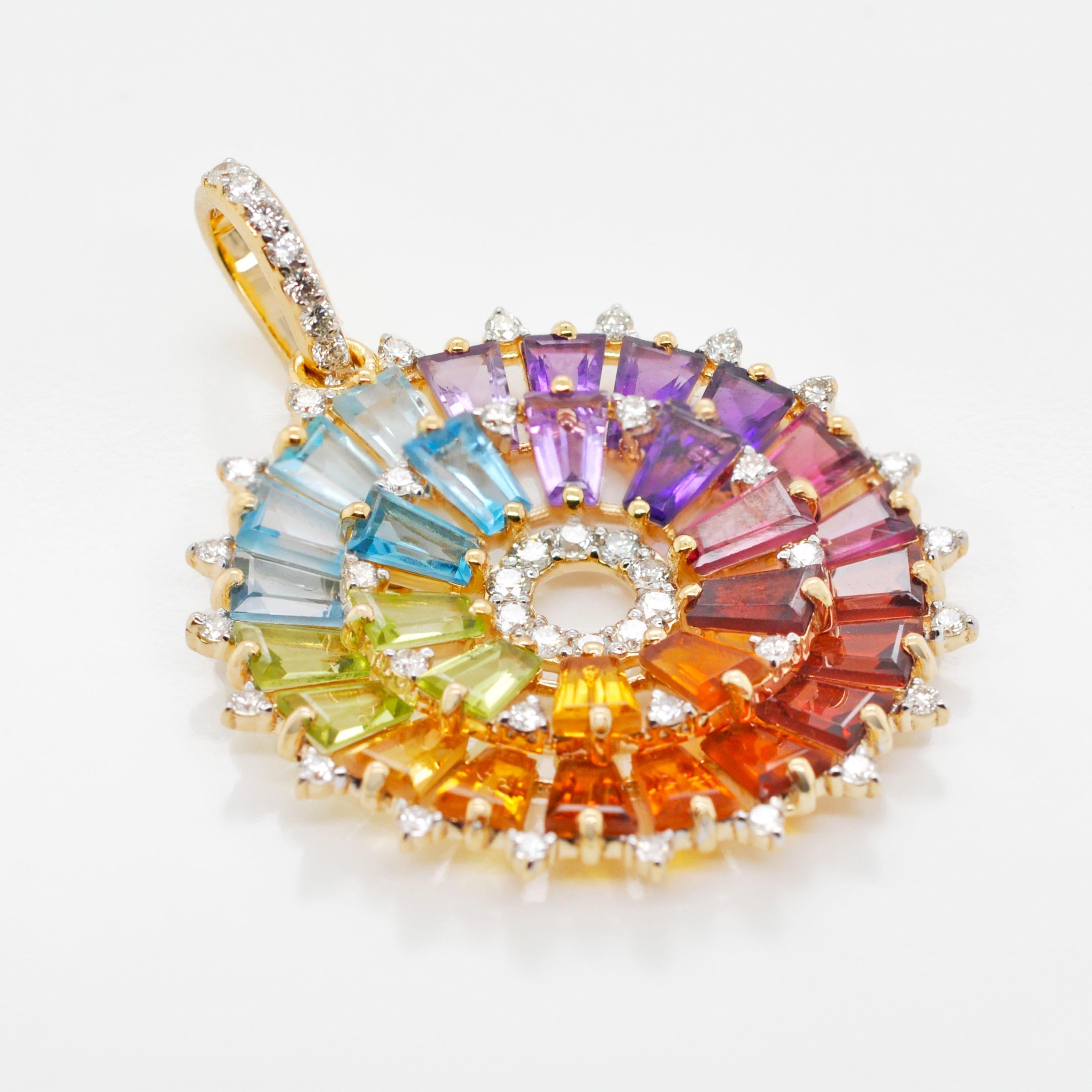 14K Gold Handcrafted Tapered Baguette Rainbow Gemstones Diamond Pendant Necklace In condizioni Nuovo in vendita a Jaipur, Rajasthan