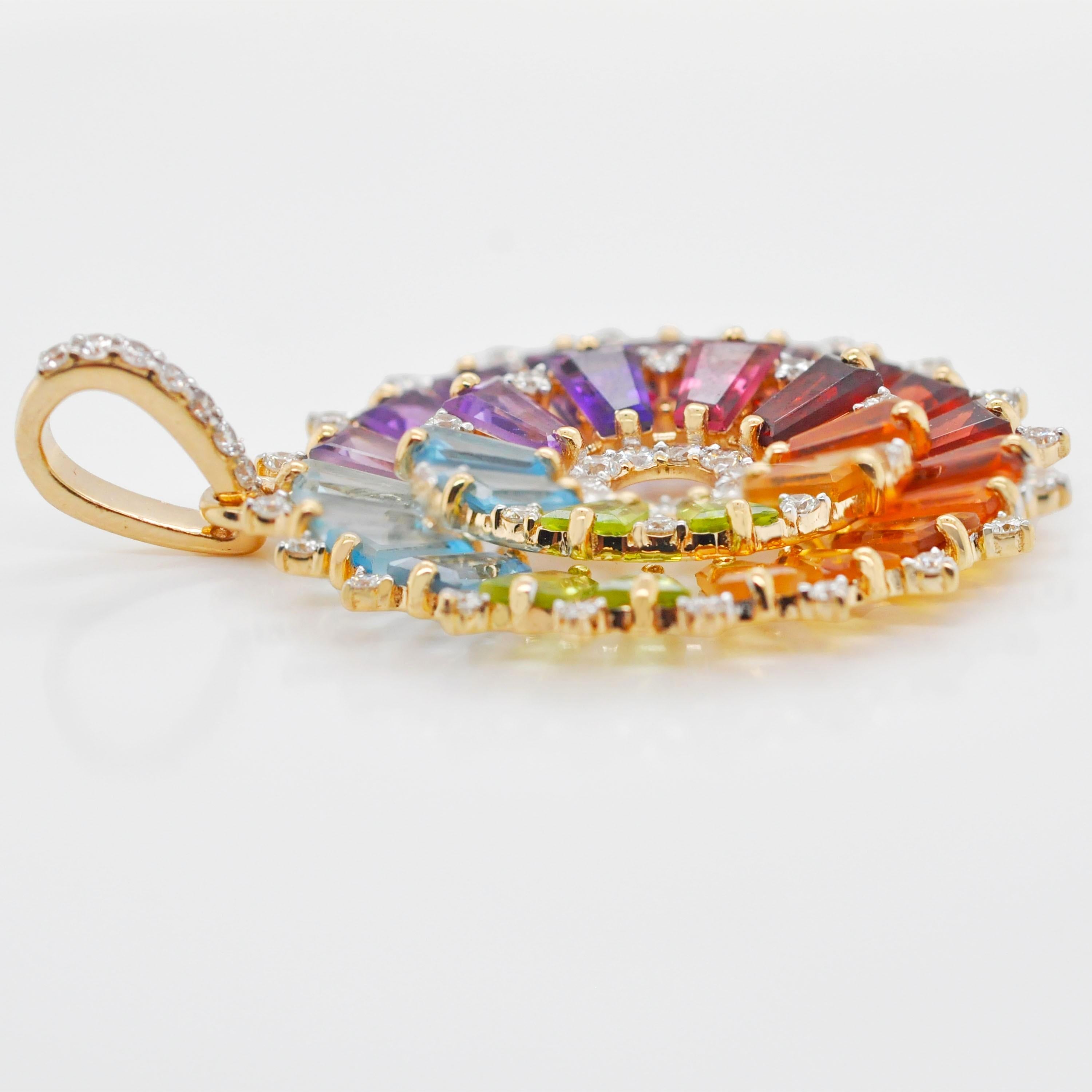 Donna 14K Gold Handcrafted Tapered Baguette Rainbow Gemstones Diamond Pendant Necklace in vendita