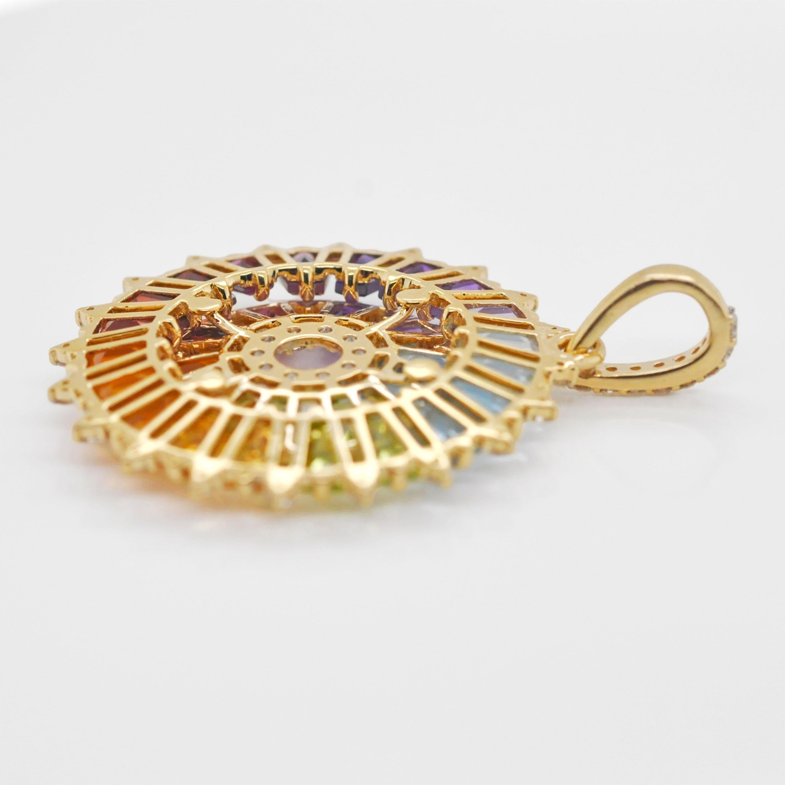 14K Gold Handcrafted Tapered Baguette Rainbow Gemstones Diamond Pendant Necklace in vendita 1