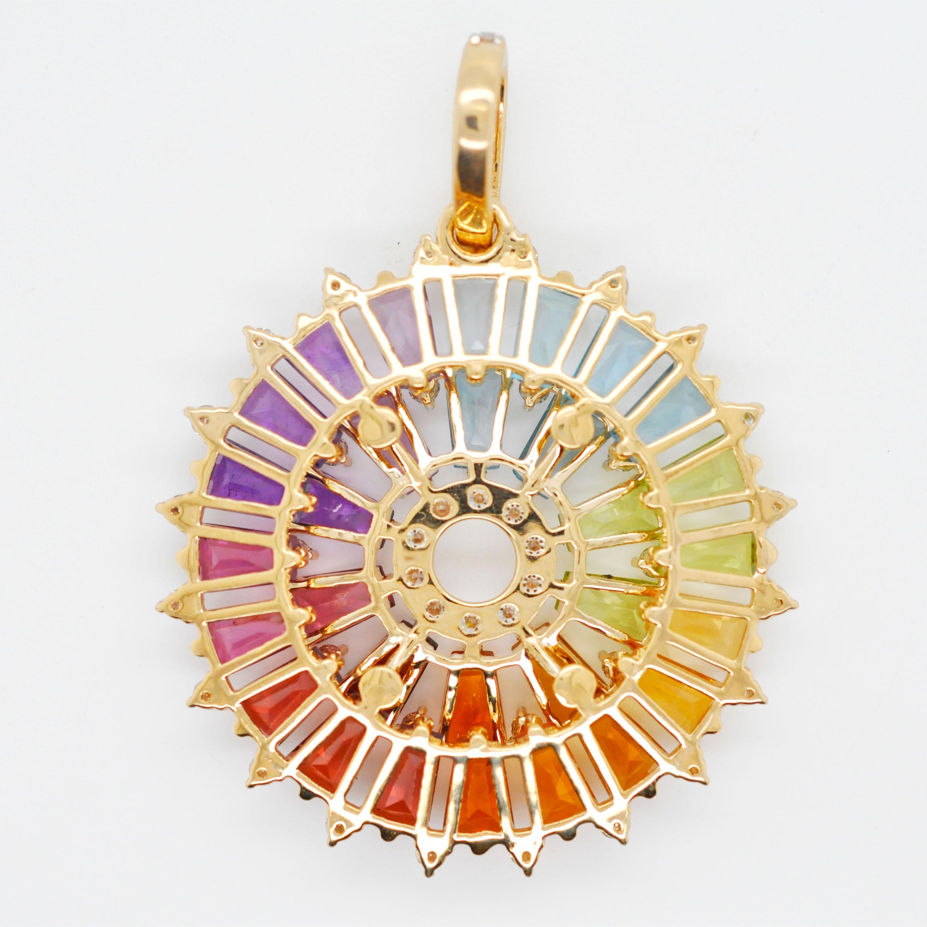 14K Gold Handcrafted Tapered Baguette Rainbow Gemstones Diamond Pendant Necklace in vendita 3