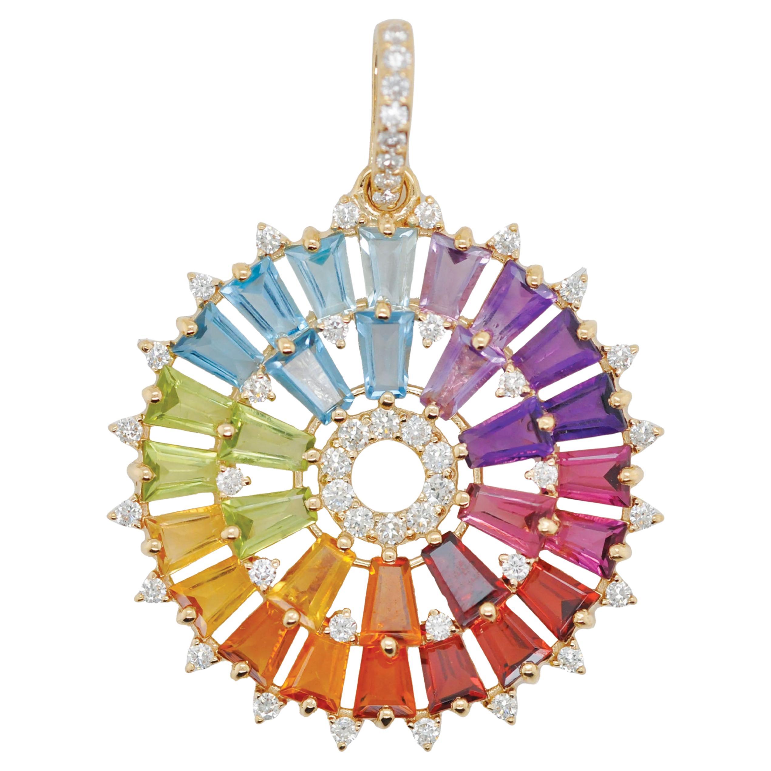 14K Gold Handcrafted Tapered Baguette Rainbow Gemstones Diamond Pendant Necklace