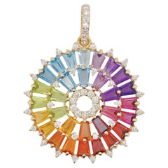 14K Gold Handcrafted Tapered Baguette Rainbow Gemstones Diamond Pendant Necklace