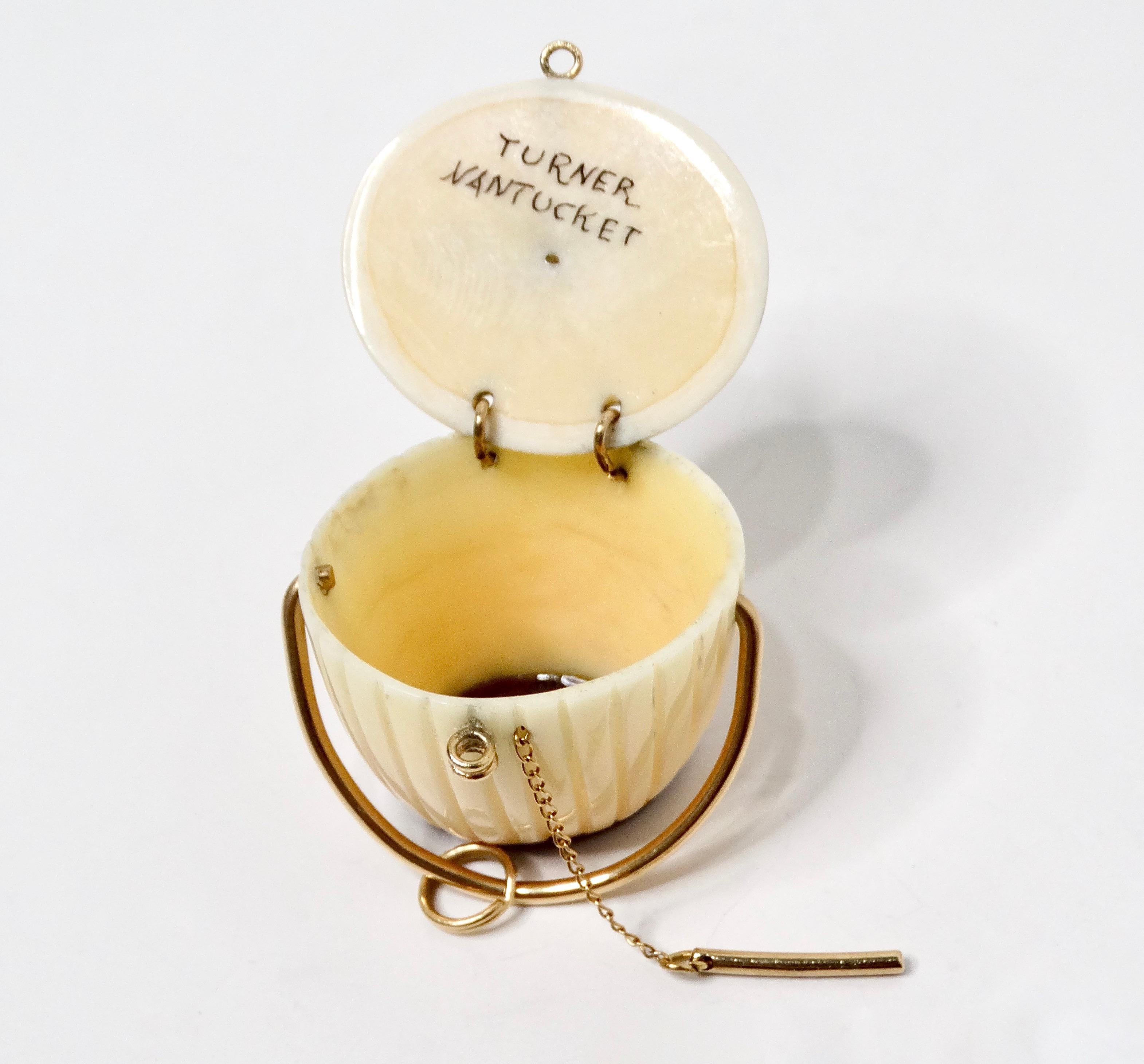14k Gold Handmade Carved Nantucket Basket Shell Pendant 1970s 1