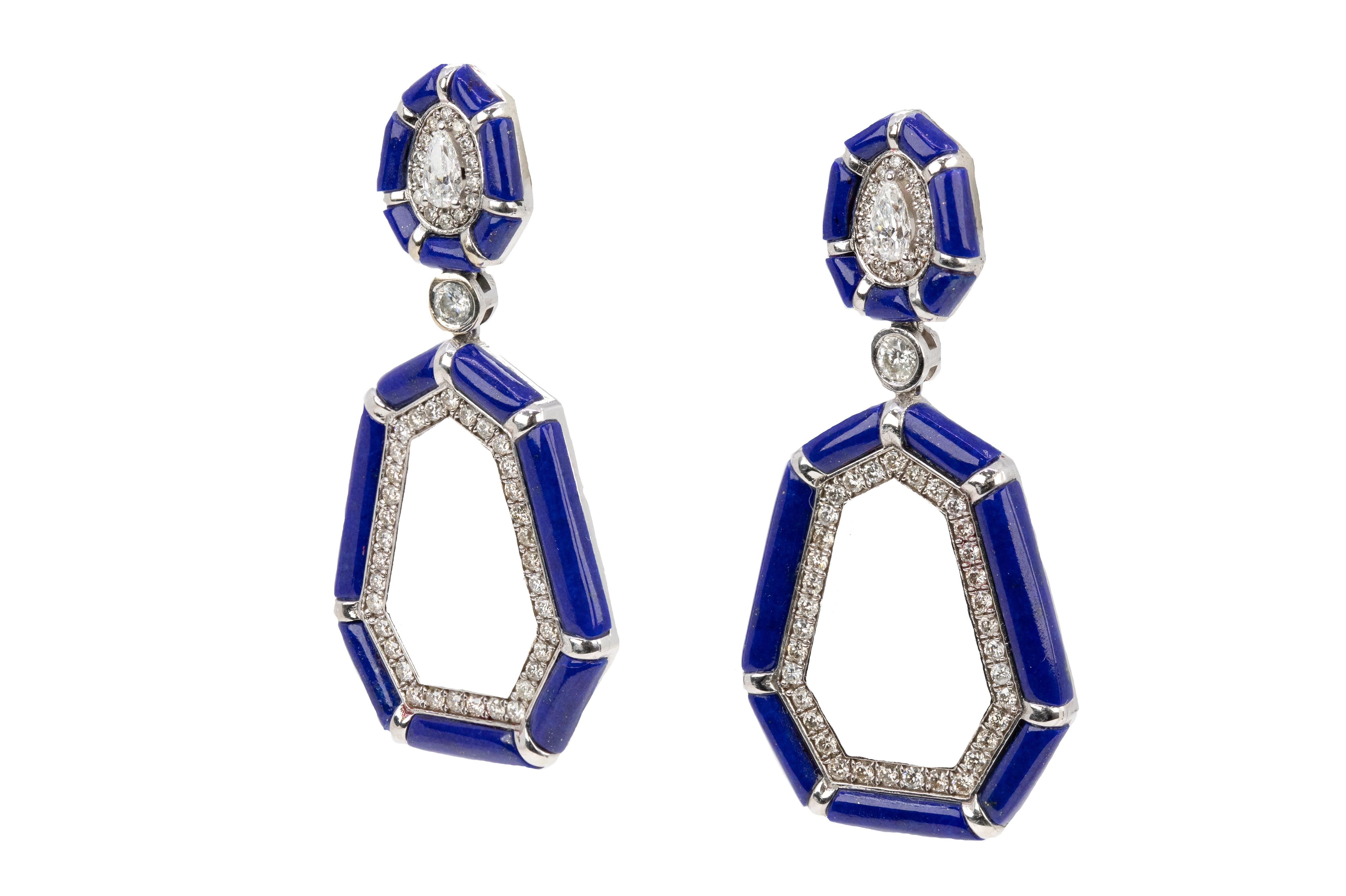 Bead 14k Gold Hanging Earrings with Diamond and Lapis Natural Stone Earrings For Sale