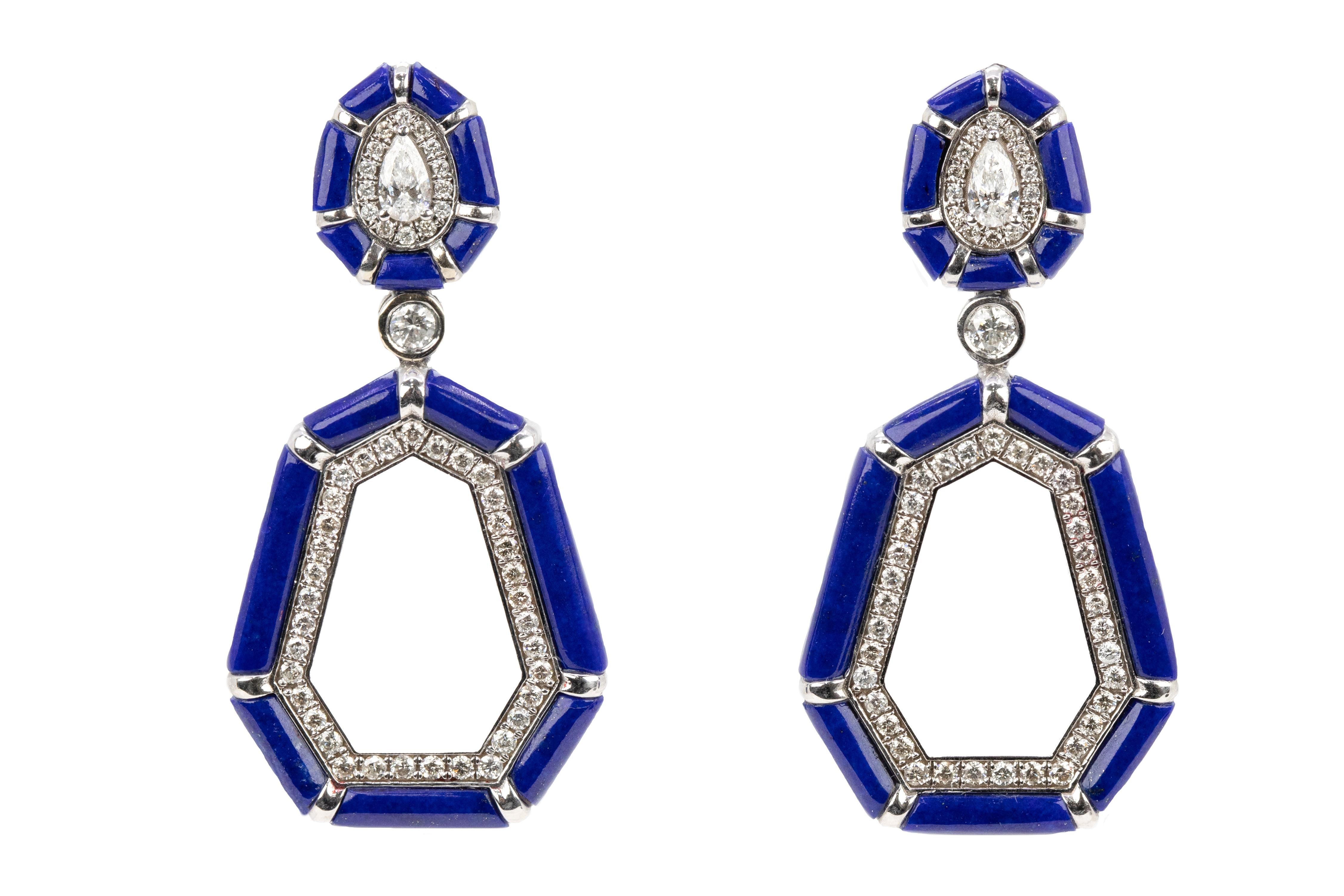 14k Gold Hanging Earrings with Diamond and Lapis Natural Stone Earrings In New Condition For Sale In ISTANBUL, TR