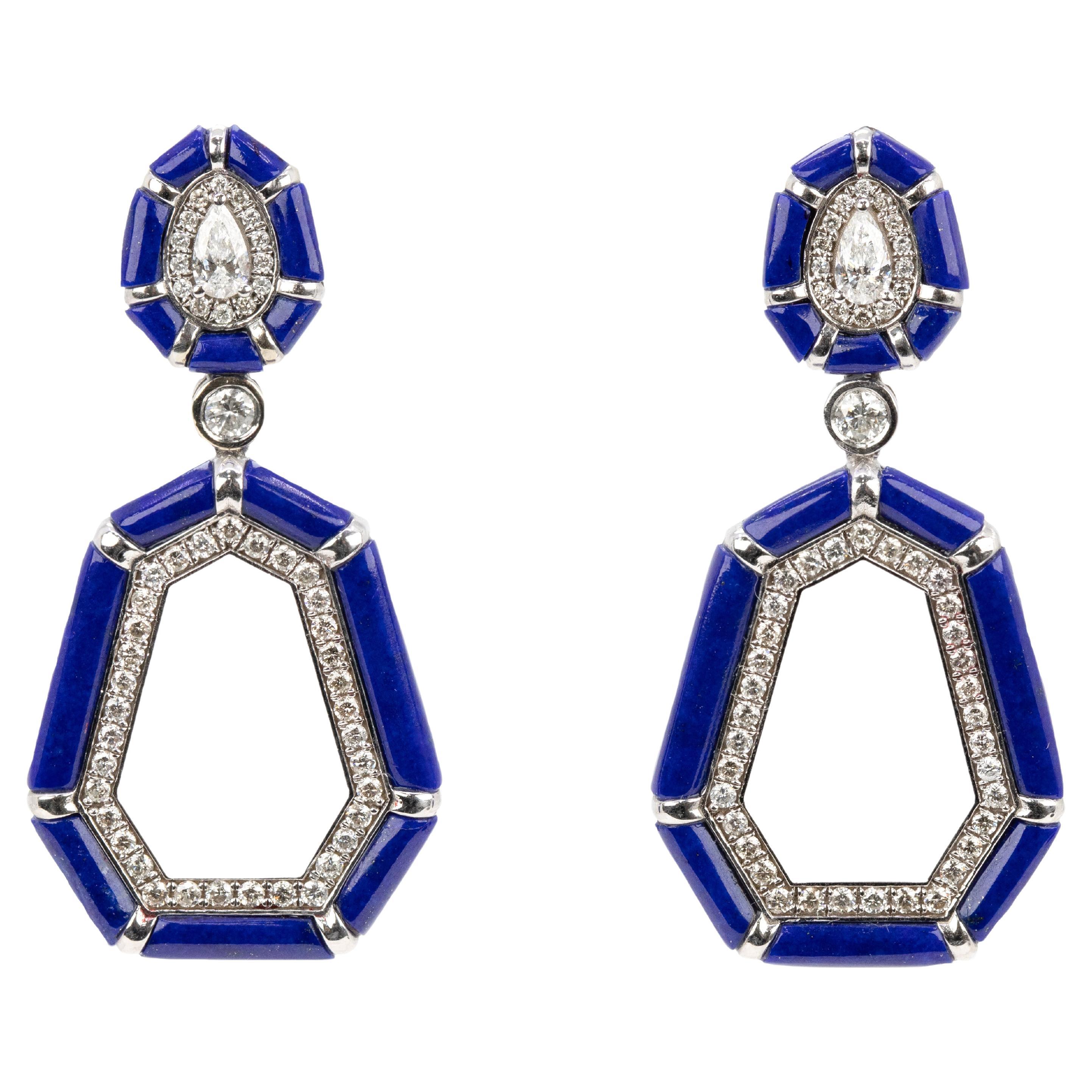 14k Gold Hanging Earrings with Diamond and Lapis Natural Stone Earrings For Sale