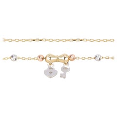 14K Gold Heart and Key Charm Dainty Beaded Bracelet