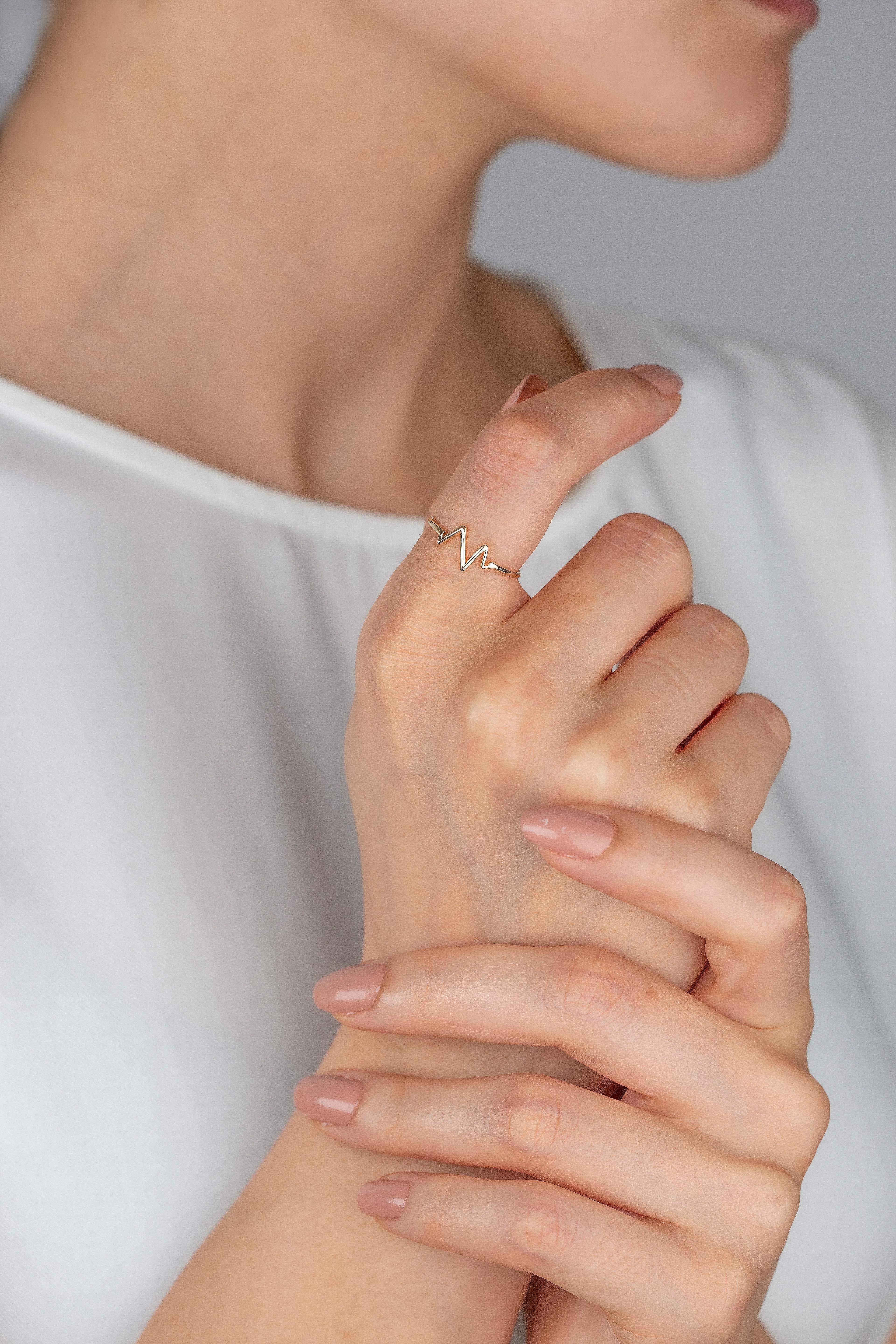 14K Gold Heart Beat Ring, Gold Stacking Ring, Gold Heart Pulse Ring 2