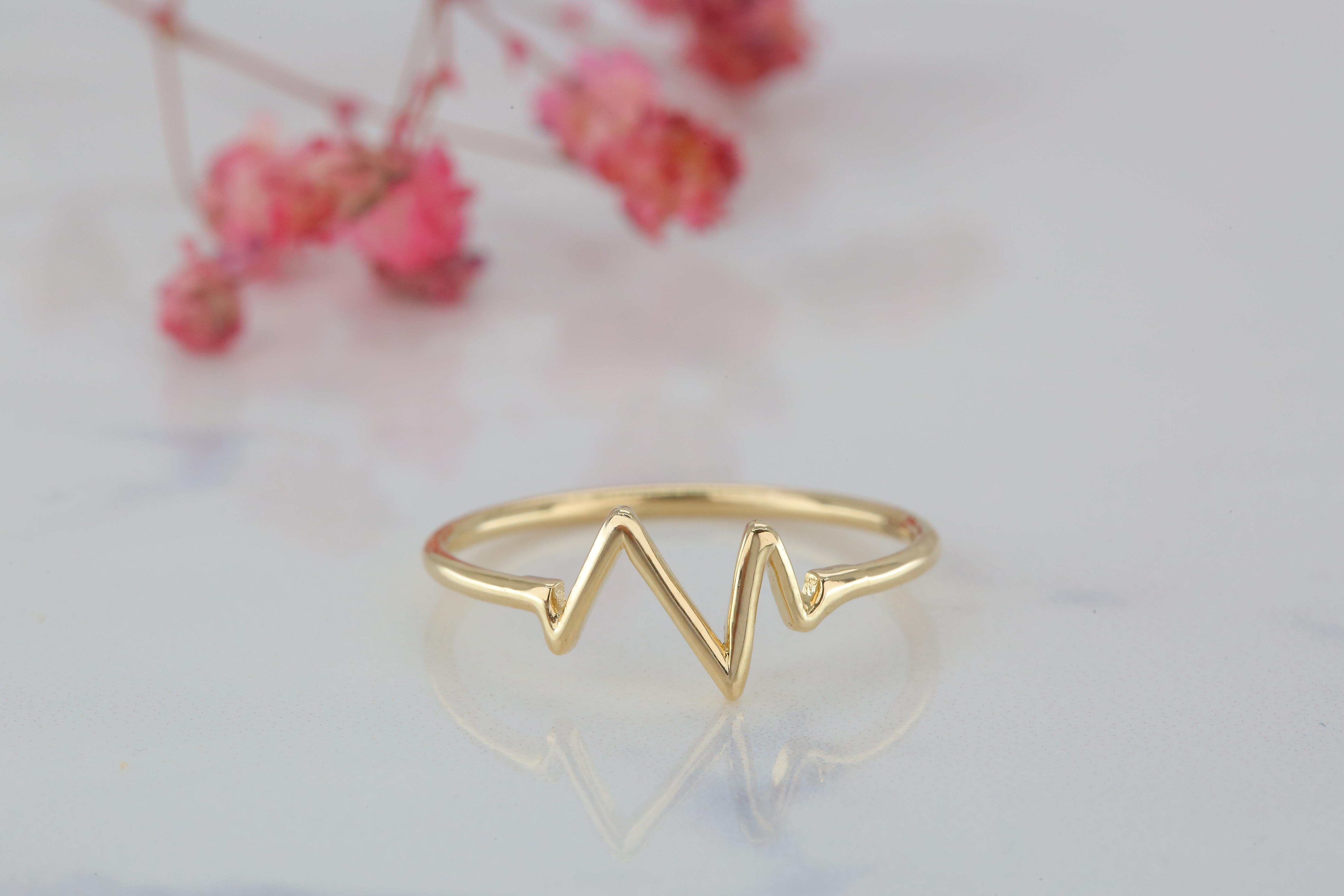 14K Gold Heart Beat Ring, Gold Stacking Ring, Gold Heart Pulse Ring 5